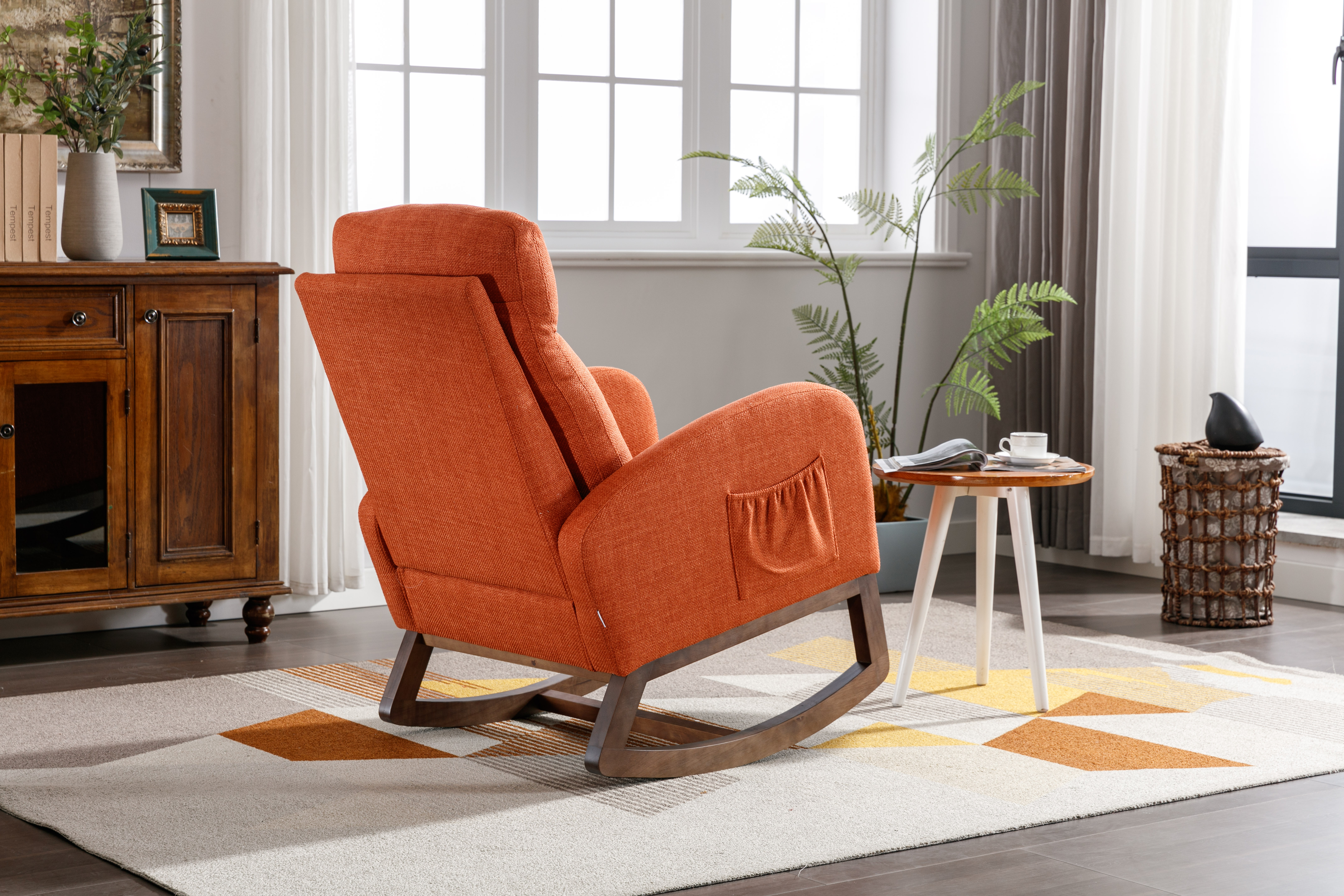 COOLMORE Rocking Chair, Modern Glider Chair, Recliner Armchair with Wood Legs and Side Pocket, Nursery Rocking Accent Chair with High Back for Living Room Bedroom (Orange linen)