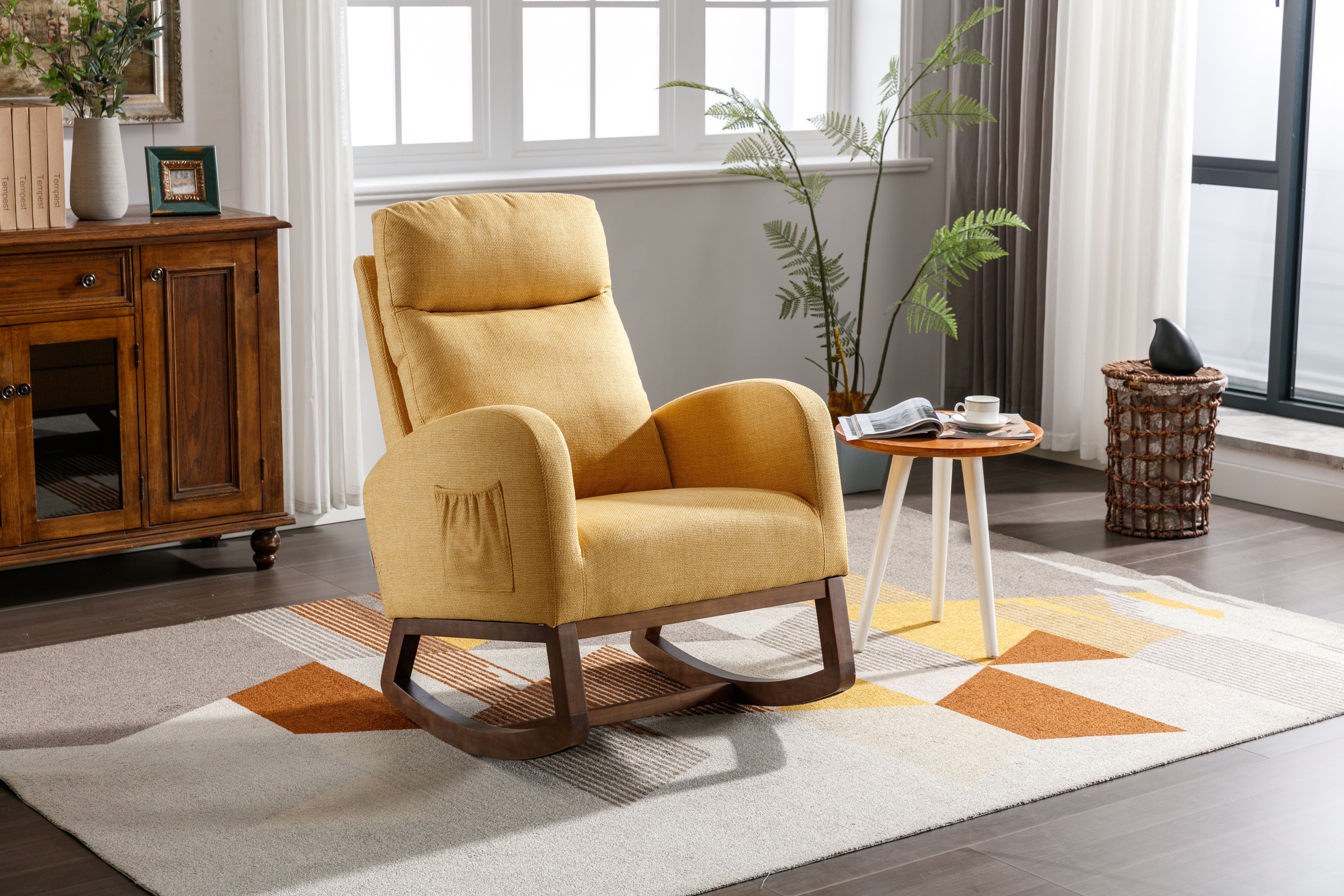 COOLMORE Rocking Chair, Modern Glider Chair, Recliner Armchair with Wood Legs and Side Pocket, Nursery Rocking Accent Chair with High Back for Living Room Bedroom (Yellow linen)