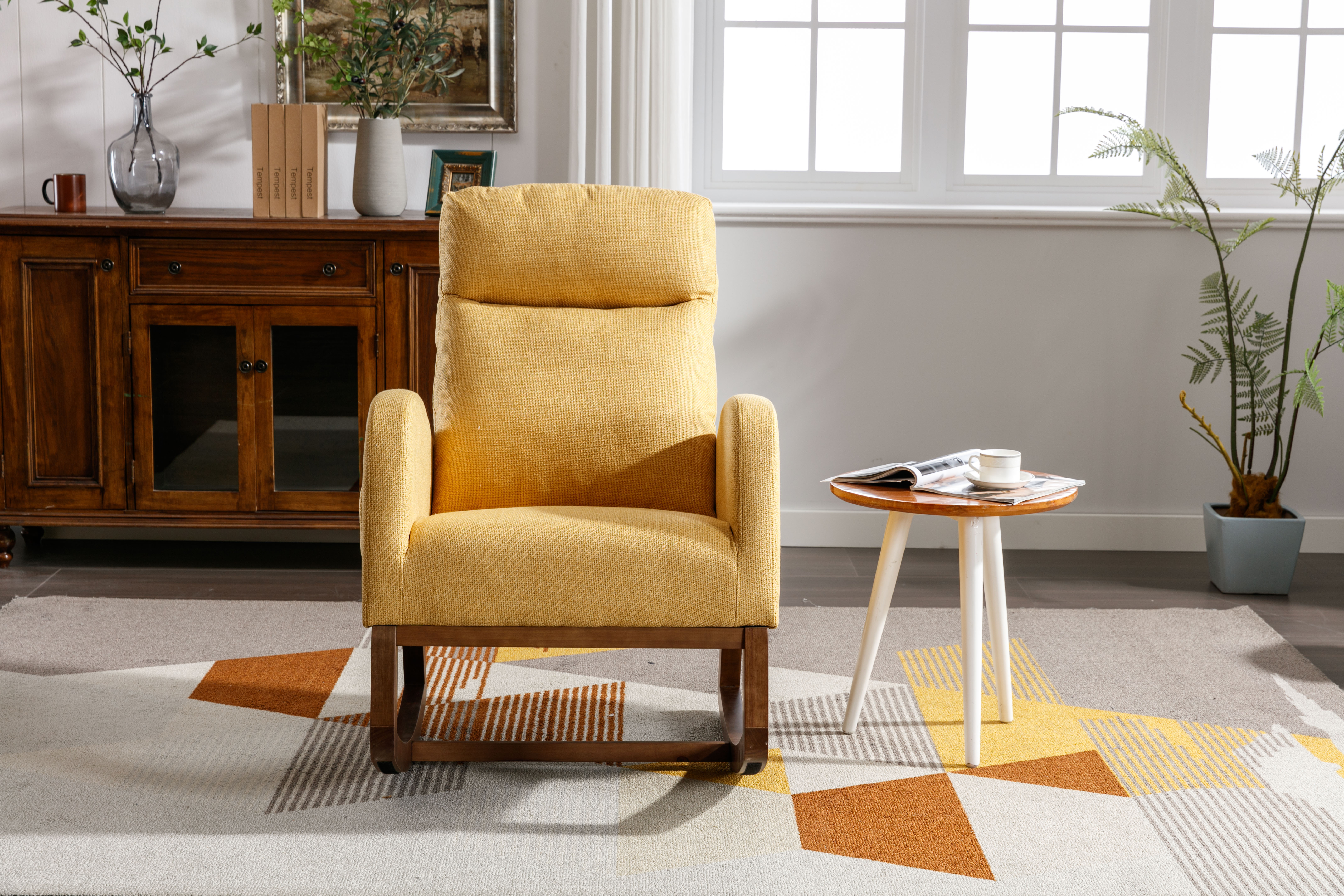 COOLMORE Rocking Chair, Modern Glider Chair, Recliner Armchair with Wood Legs and Side Pocket, Nursery Rocking Accent Chair with High Back for Living Room Bedroom (Yellow linen)