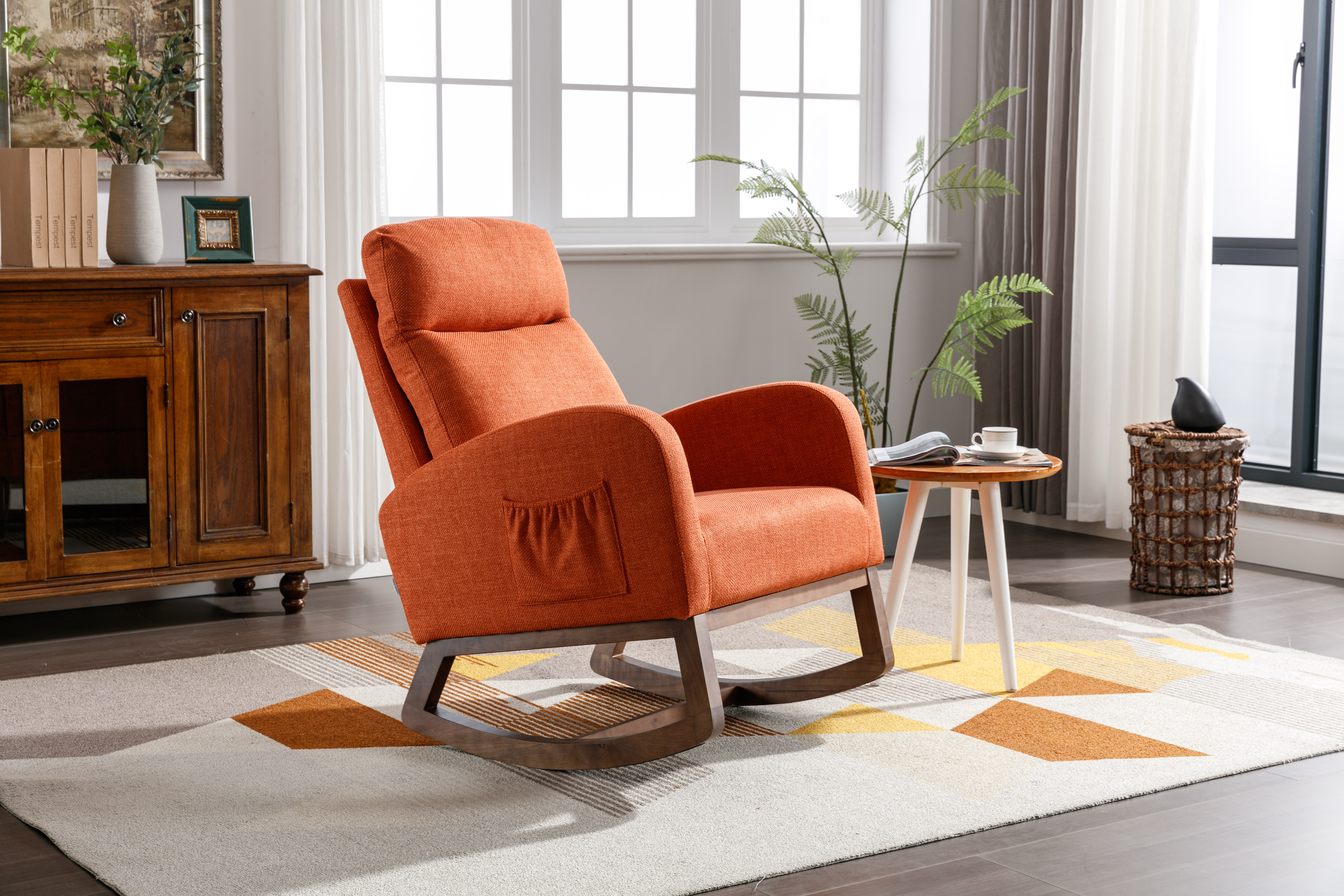 COOLMORE Rocking Chair, Modern Glider Chair, Recliner Armchair with Wood Legs and Side Pocket, Nursery Rocking Accent Chair with High Back for Living Room Bedroom (Orange linen)