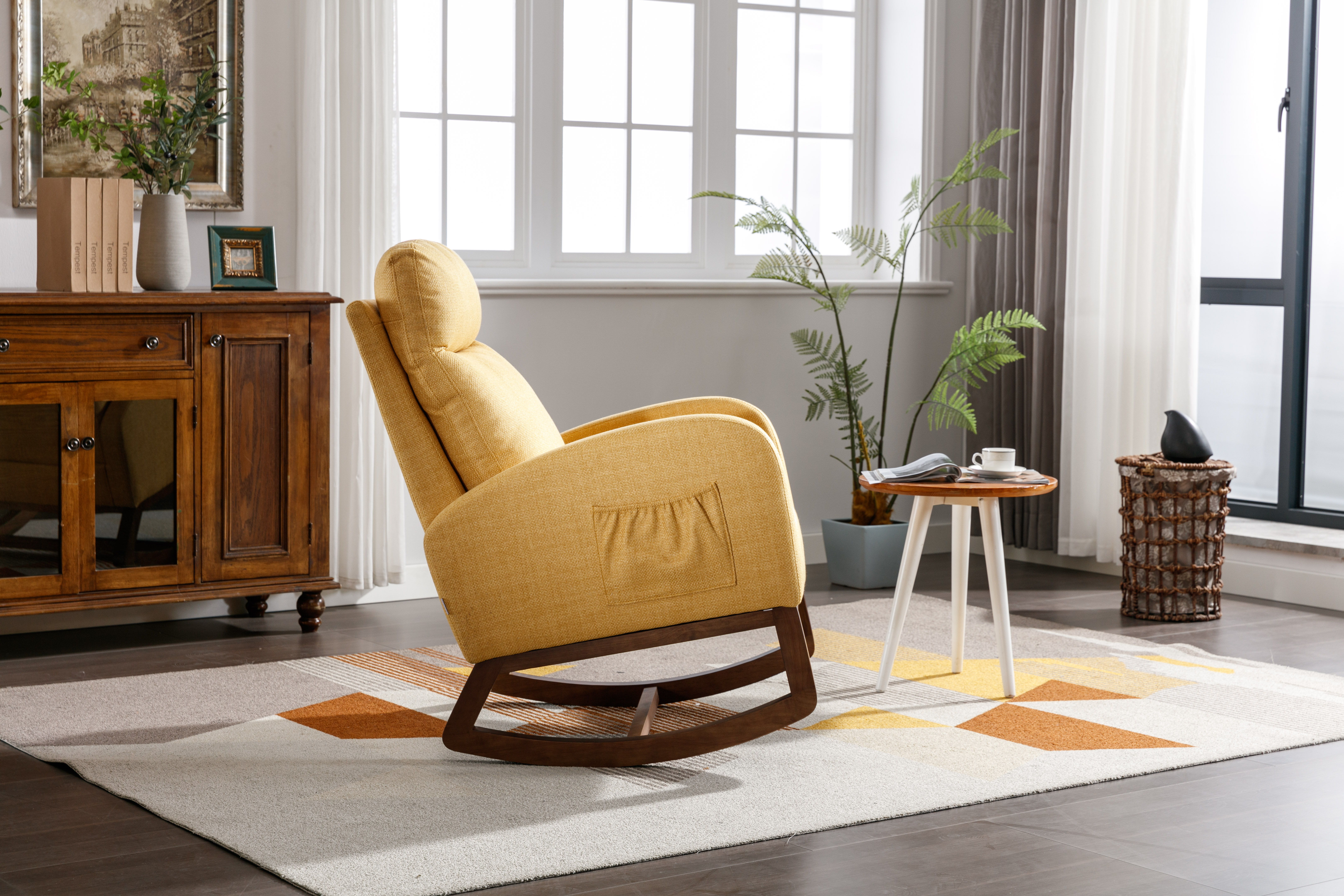 COOLMORE Rocking Chair, Modern Glider Chair, Recliner Armchair with Wood Legs and Side Pocket, Nursery Rocking Accent Chair with High Back for Living Room Bedroom (Yellow linen)