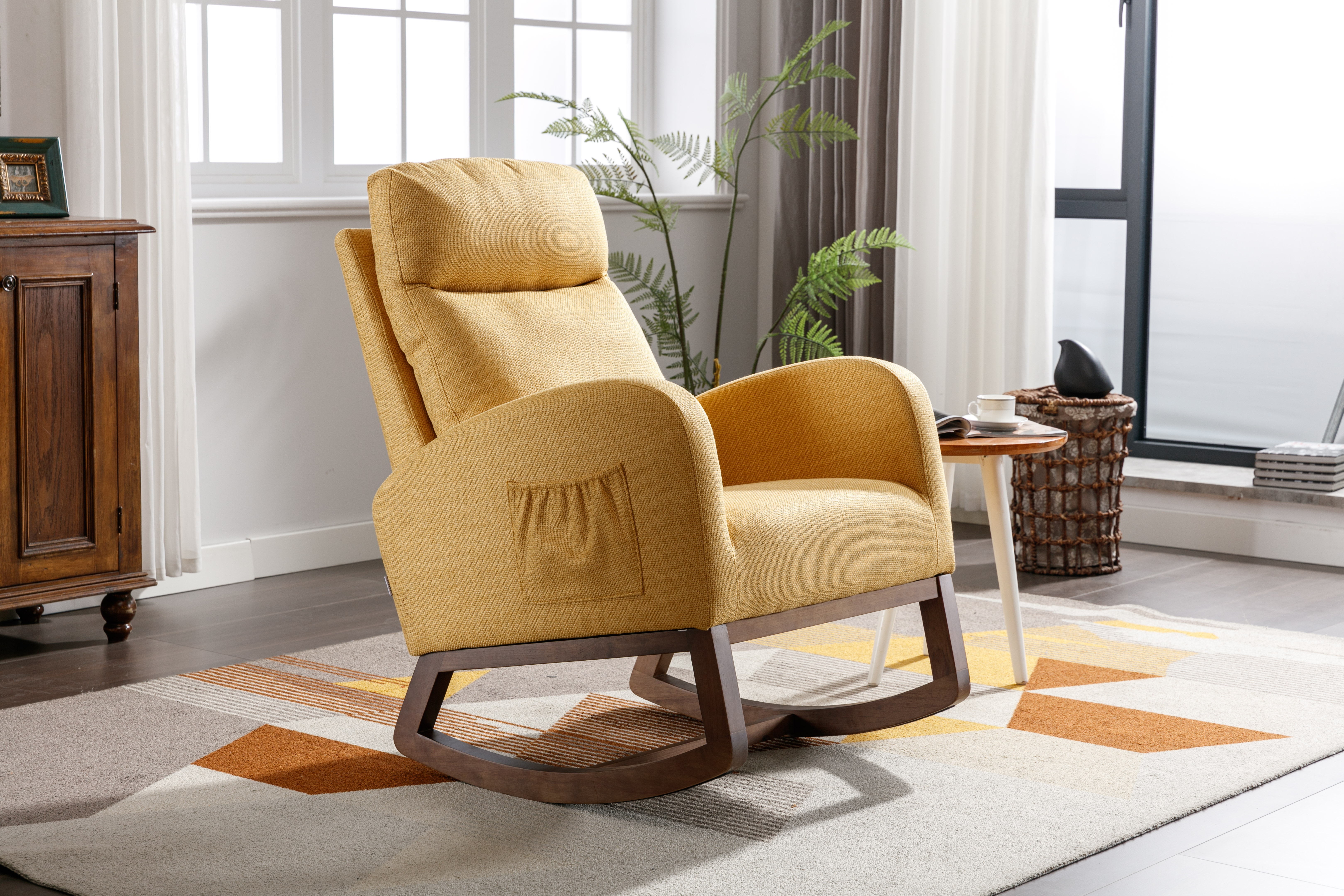 COOLMORE Rocking Chair, Modern Glider Chair, Recliner Armchair with Wood Legs and Side Pocket, Nursery Rocking Accent Chair with High Back for Living Room Bedroom (Yellow linen)