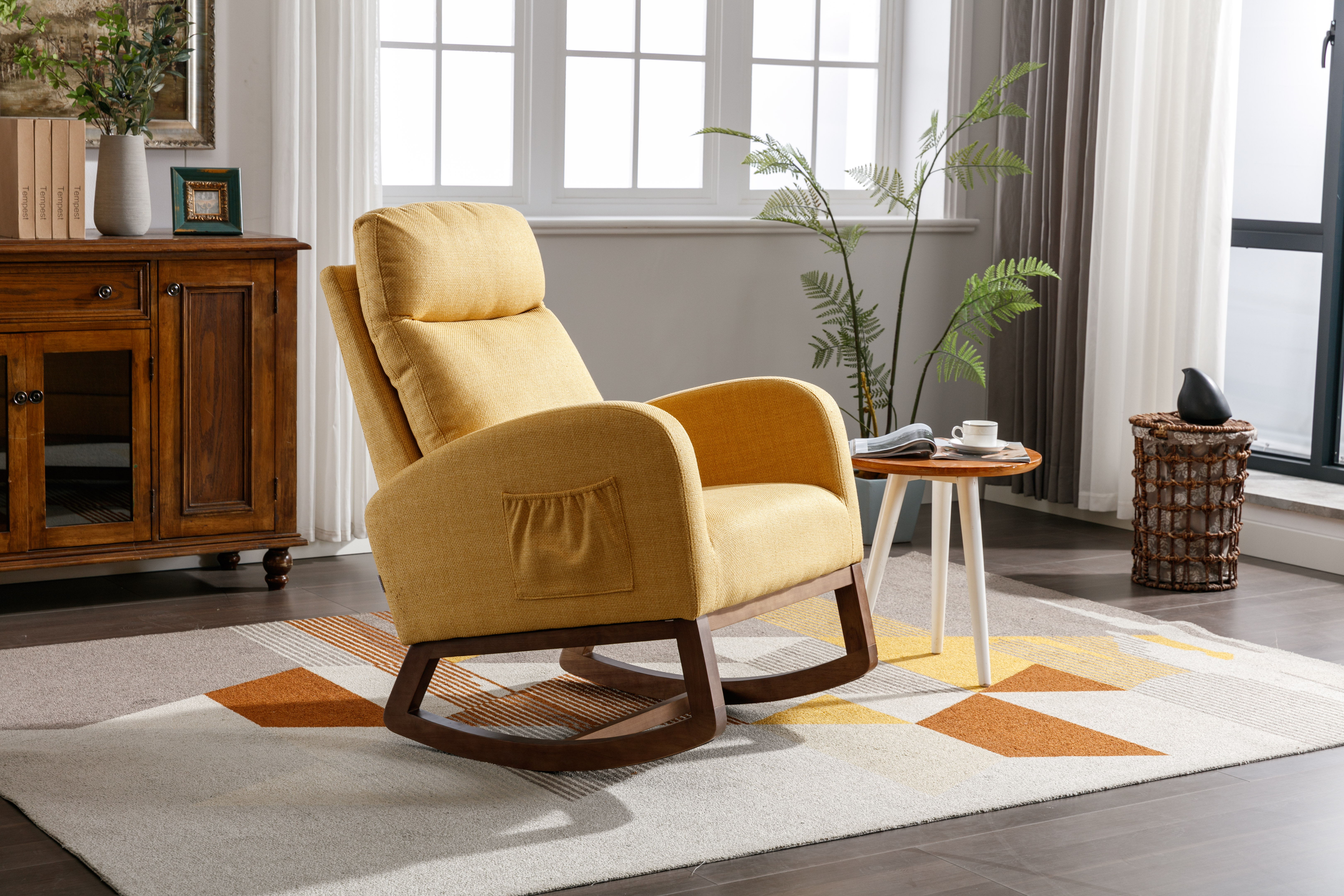 COOLMORE Rocking Chair, Modern Glider Chair, Recliner Armchair with Wood Legs and Side Pocket, Nursery Rocking Accent Chair with High Back for Living Room Bedroom (Yellow linen)