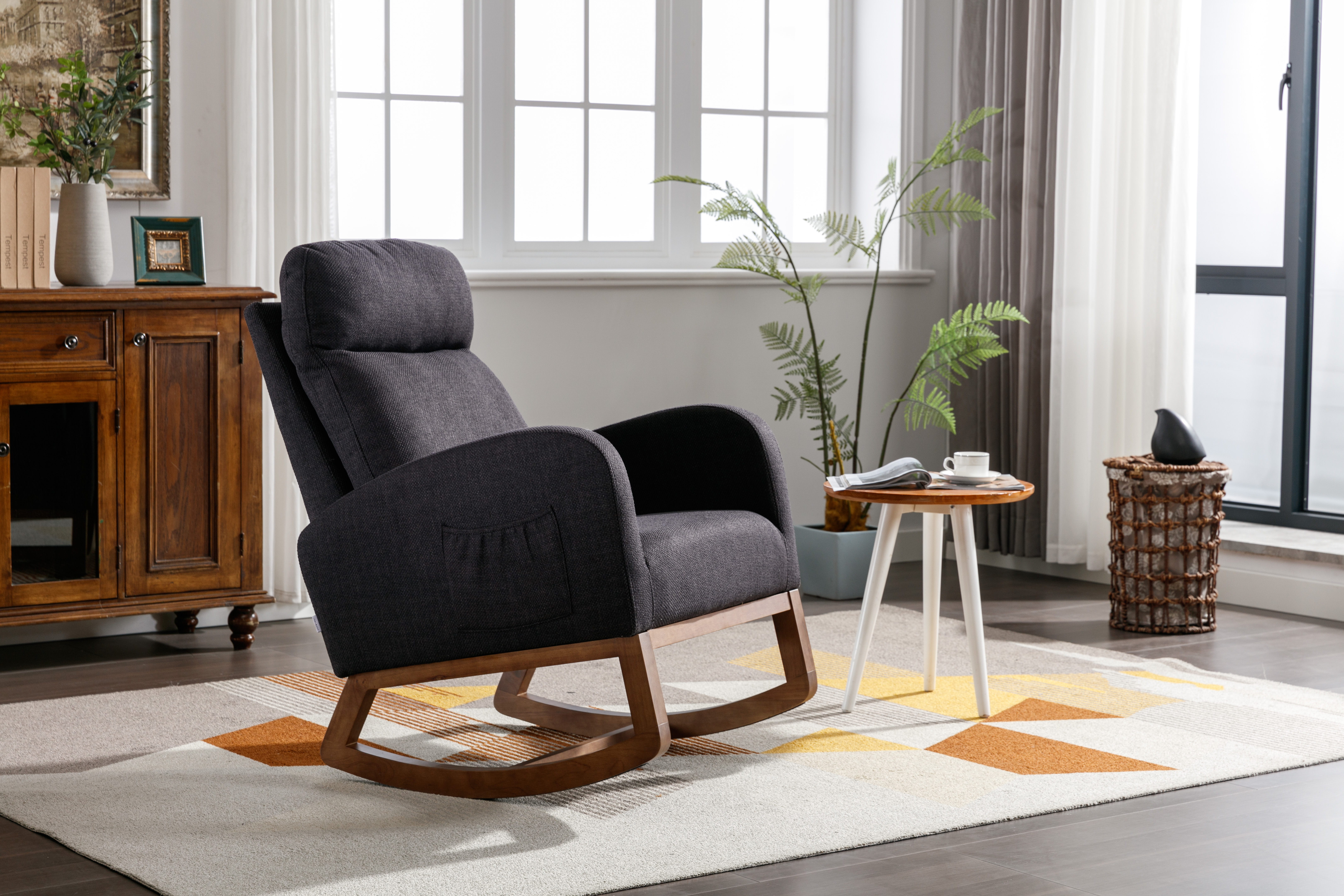 COOLMORE Rocking Chair, Modern Glider Chair, Recliner Armchair with Wood Legs and Side Pocket, Nursery Rocking Accent Chair with High Back for Living Room Bedroom (Black linen)