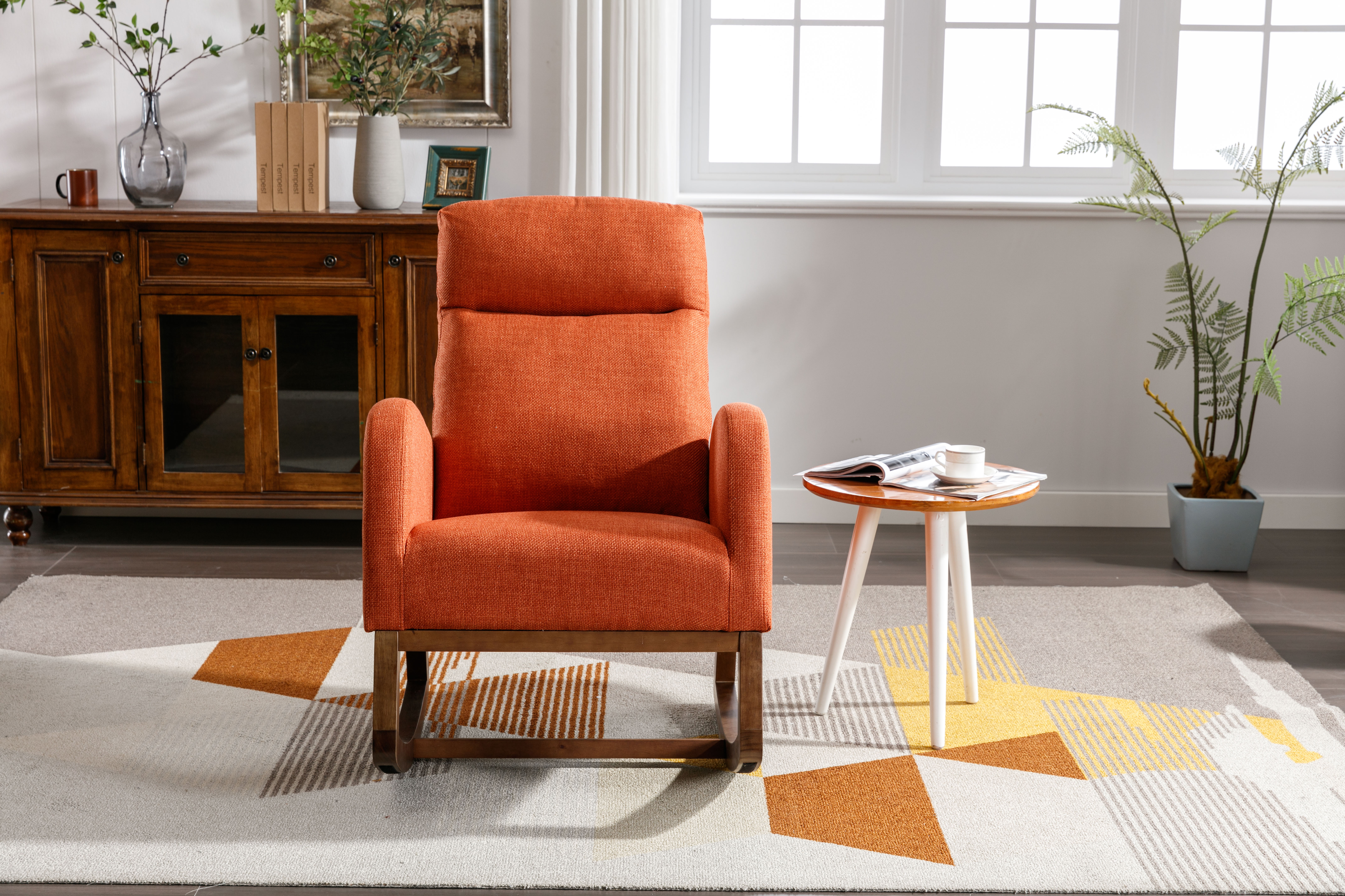 COOLMORE Rocking Chair, Modern Glider Chair, Recliner Armchair with Wood Legs and Side Pocket, Nursery Rocking Accent Chair with High Back for Living Room Bedroom (Orange linen)