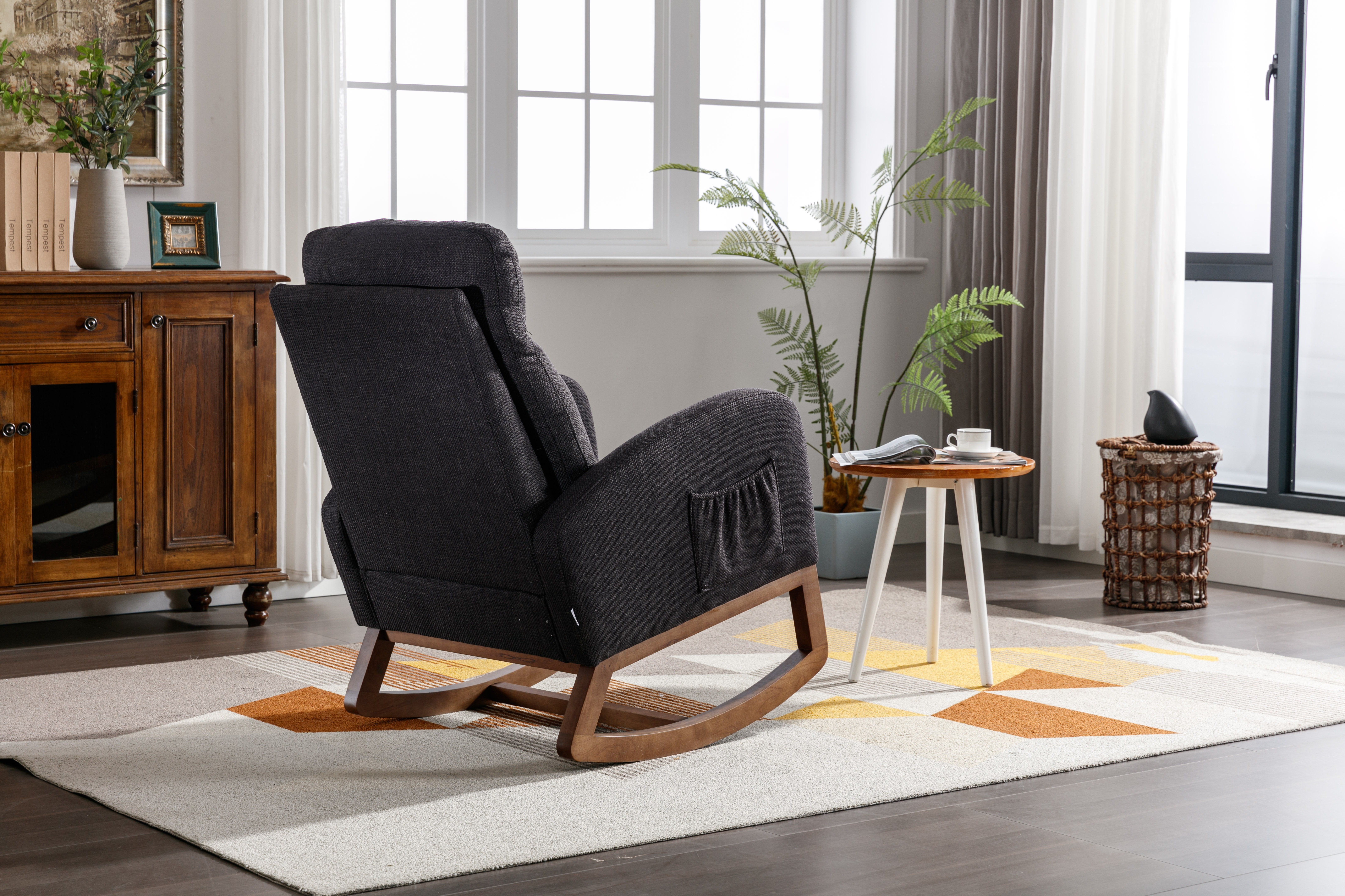 COOLMORE Rocking Chair, Modern Glider Chair, Recliner Armchair with Wood Legs and Side Pocket, Nursery Rocking Accent Chair with High Back for Living Room Bedroom (Black linen)