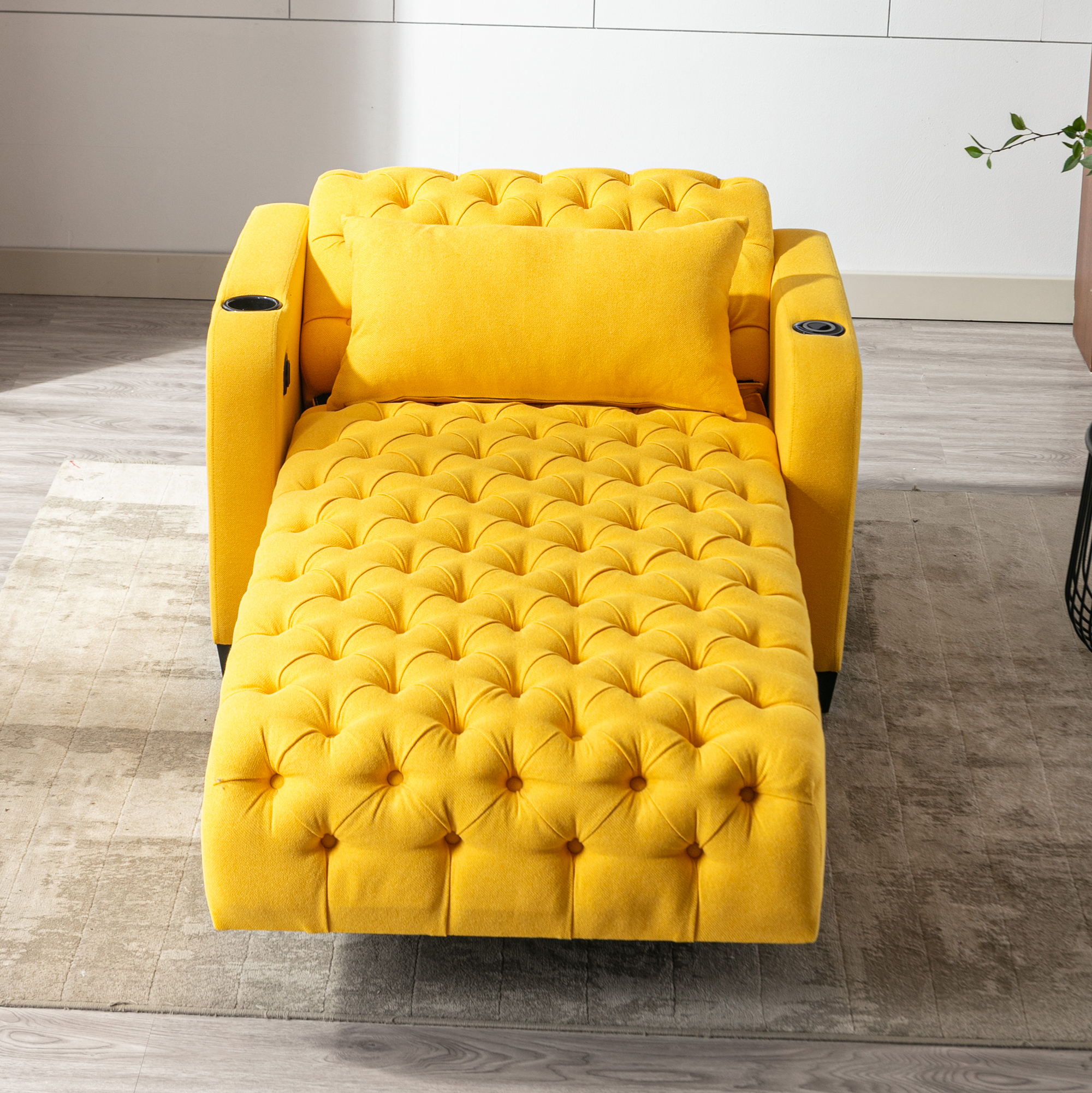 COOLMORE Multifunctional Living Room Leisure Chaise Lounge Barry Tufted Comfy Armchair Wireless Charging, Smooth Reclining Backrest & Lumbar Pillow for Home Apartment (Yellow linen)