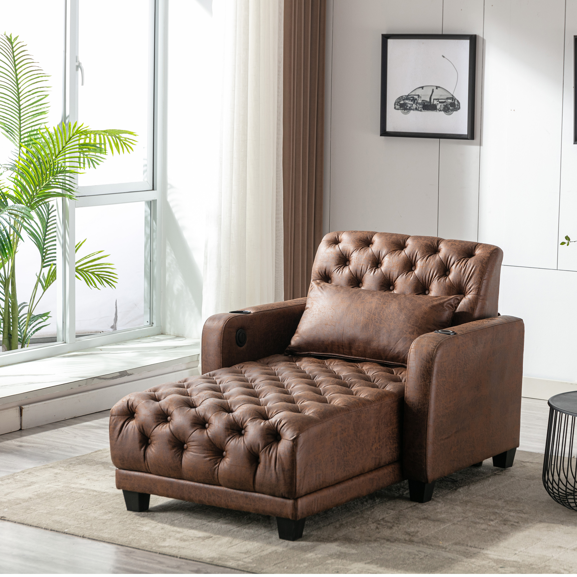 COOLMORE Multifunctional Living Room Leisure Chaise Lounge Barry Tufted Comfy Armchair Wireless Charging, Smooth Reclining Backrest & Lumbar Pillow for Home Apartment (Brown linen)