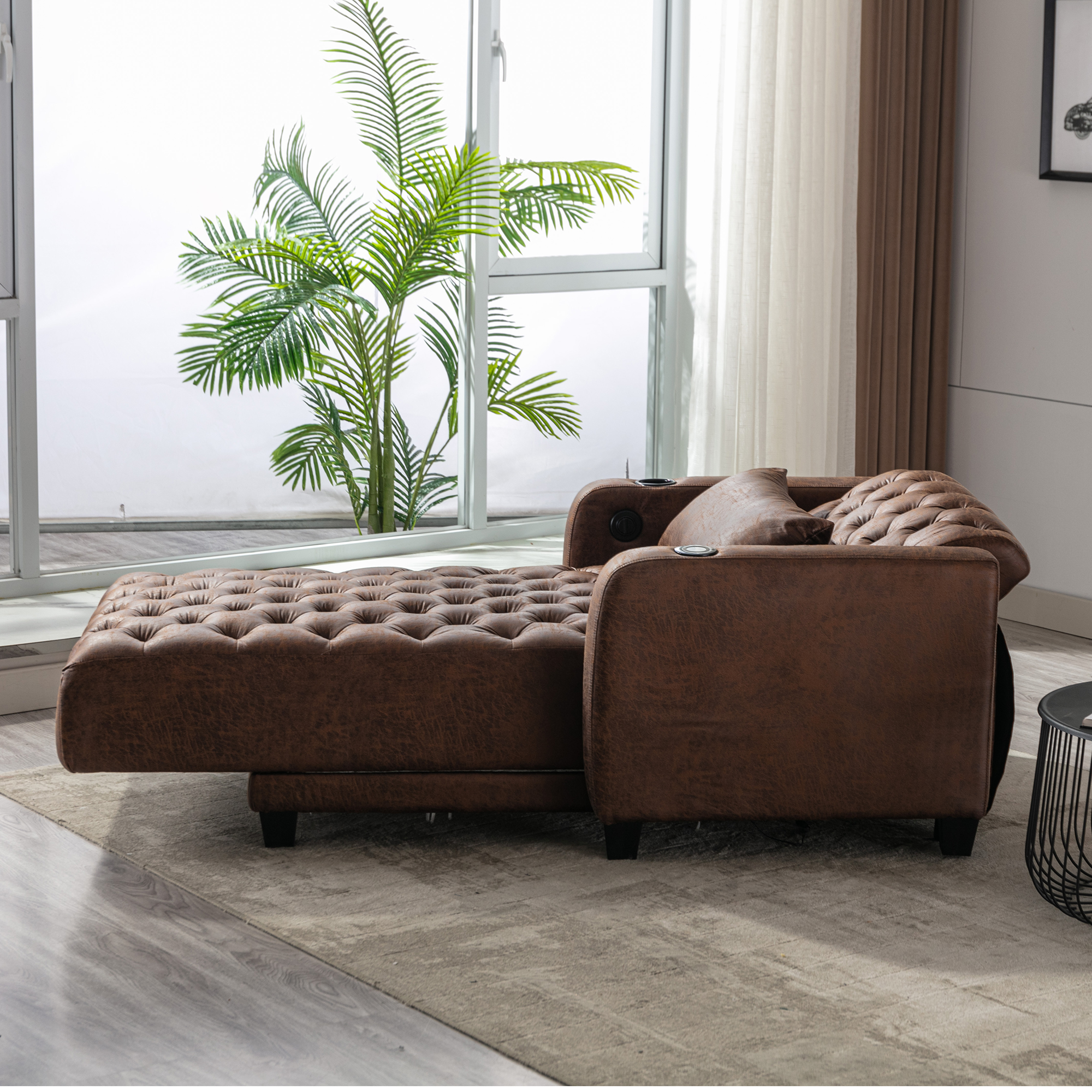 COOLMORE Multifunctional Living Room Leisure Chaise Lounge Barry Tufted Comfy Armchair Wireless Charging, Smooth Reclining Backrest & Lumbar Pillow for Home Apartment (Brown linen)