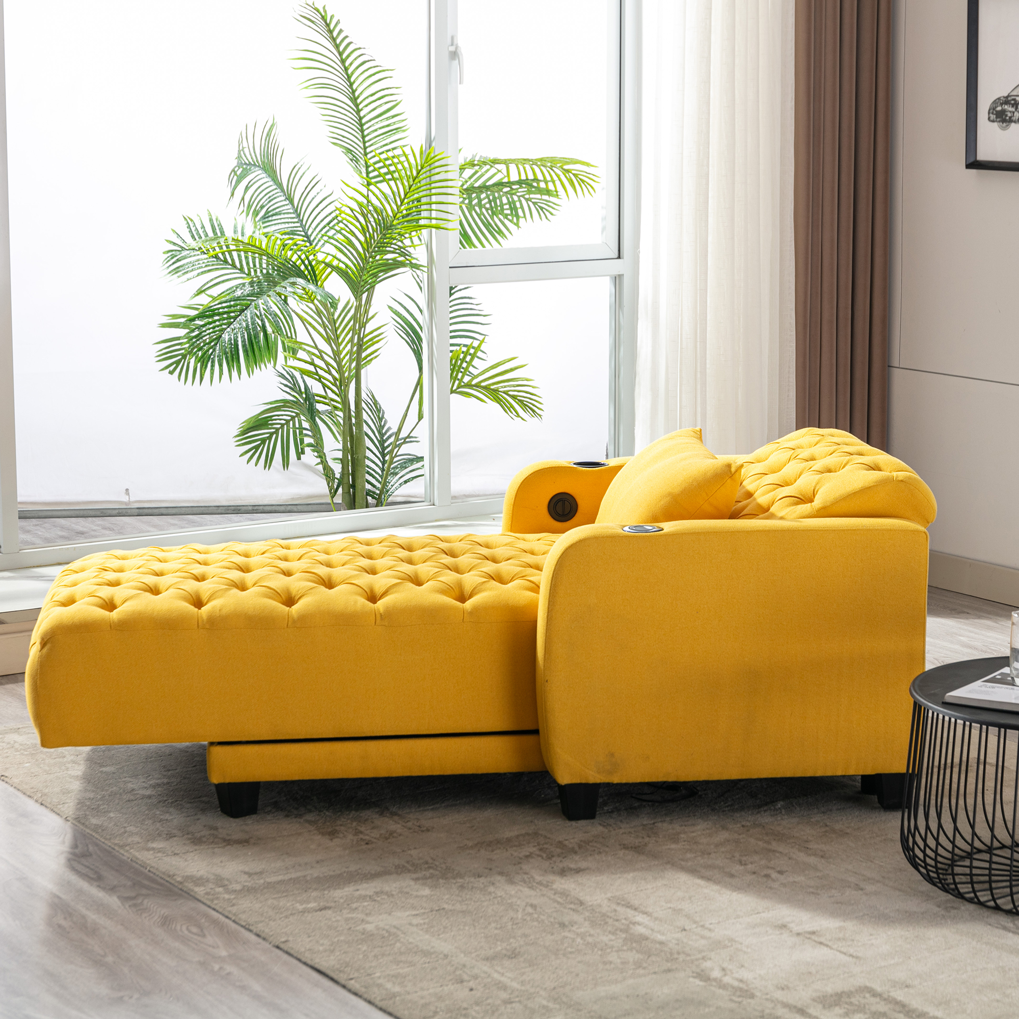 COOLMORE Multifunctional Living Room Leisure Chaise Lounge Barry Tufted Comfy Armchair Wireless Charging, Smooth Reclining Backrest & Lumbar Pillow for Home Apartment (Yellow linen)