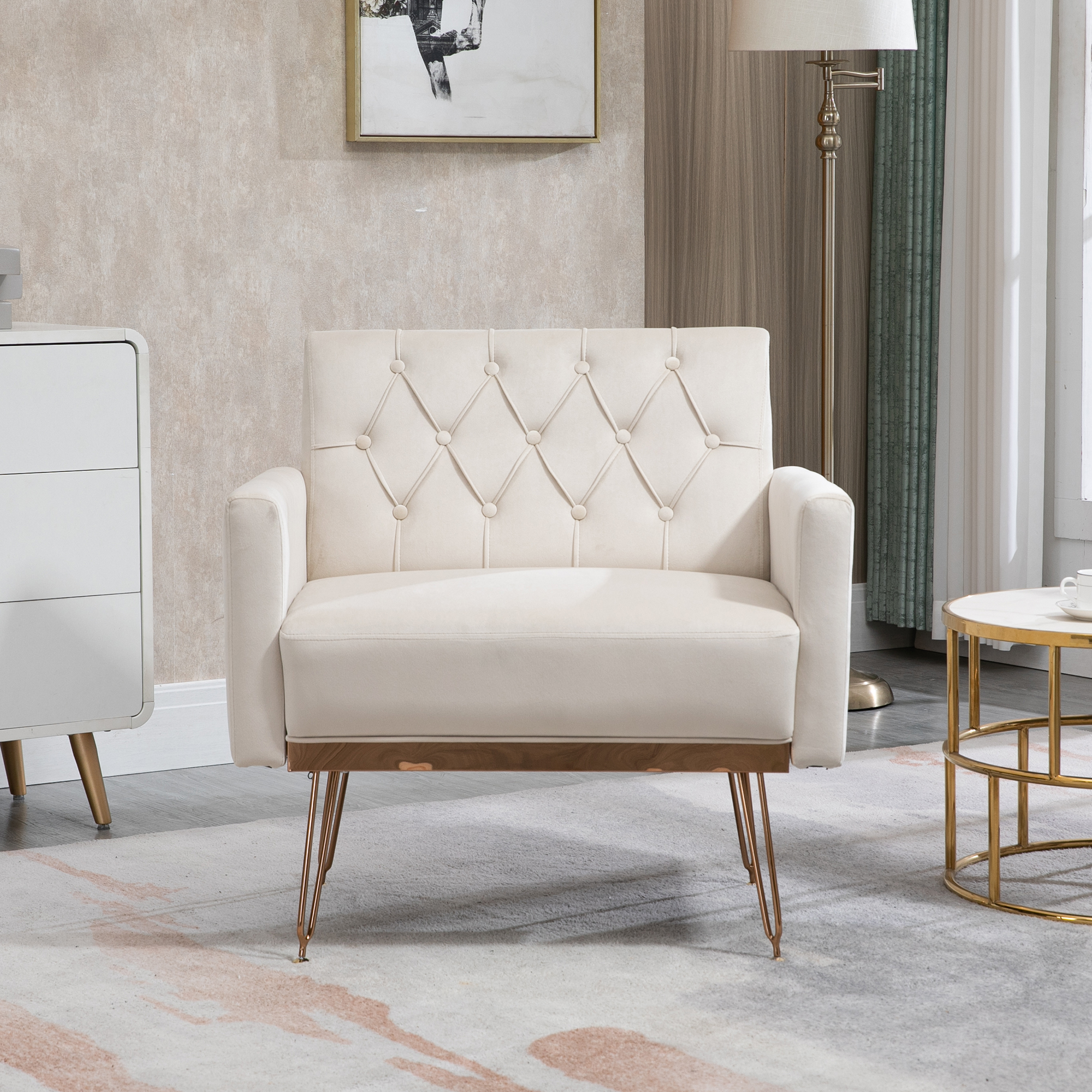 COOLMORE Velvet Armchair Single Sofa Modern Tufted Upholstered Side Reading Chairs with Arm and Gold Metal Leg for Living Room Bedroom ( Beige )