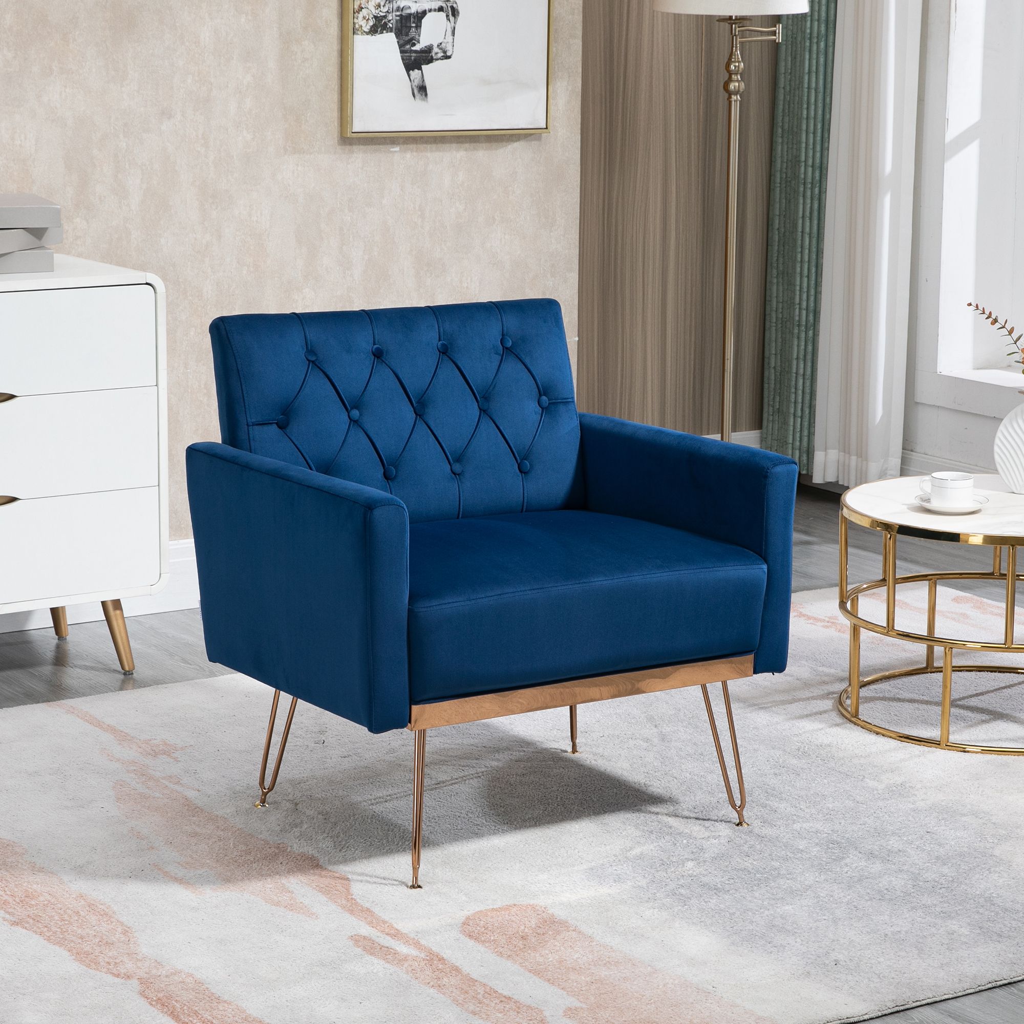 COOLMORE Velvet Armchair Single Sofa Modern Tufted Upholstered Side Reading Chairs with Arm and Gold Metal Leg for Living Room Bedroom (Navy )