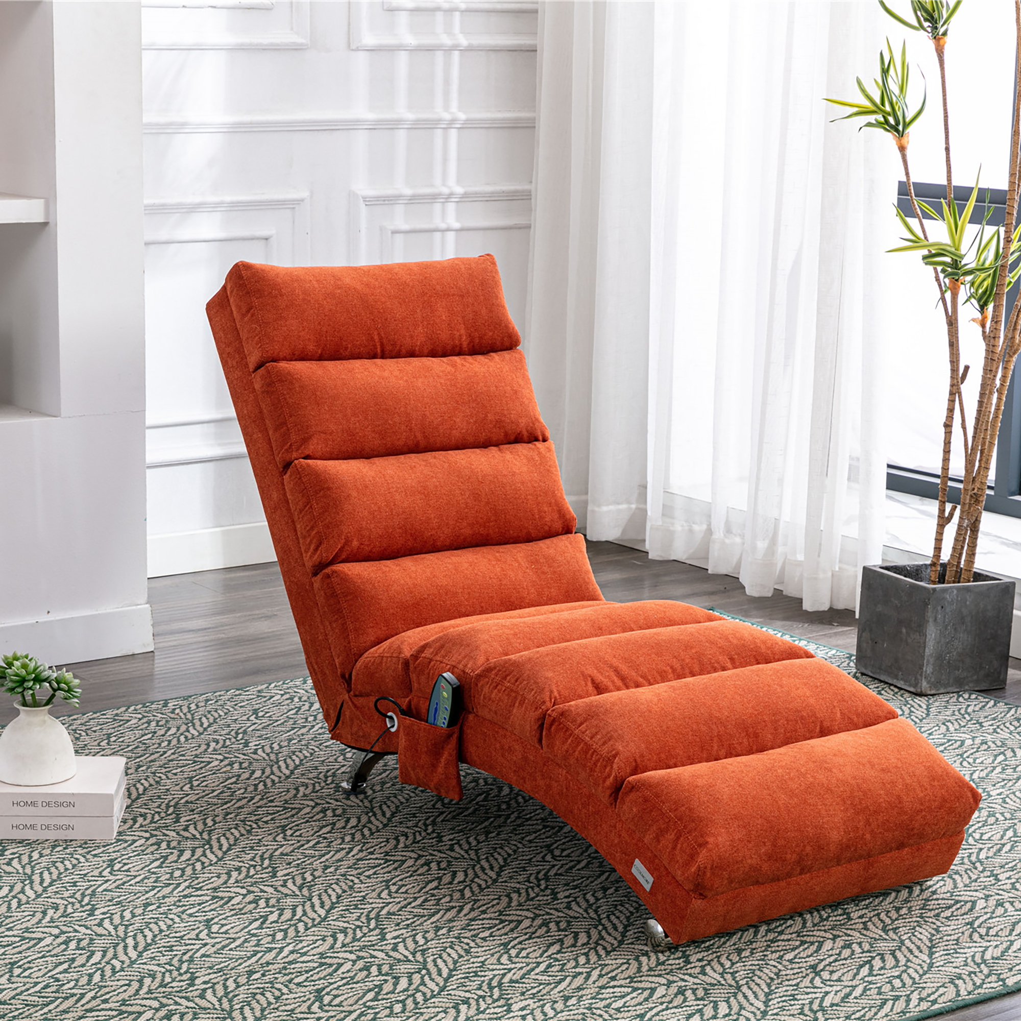 COOLMORE Linen Massage Chaise Lounge Indoor with Remote Control,Ergonomic Electric Massage Long Lounger with 5 Modes for Office, Living Room,Bedroom (Orange)