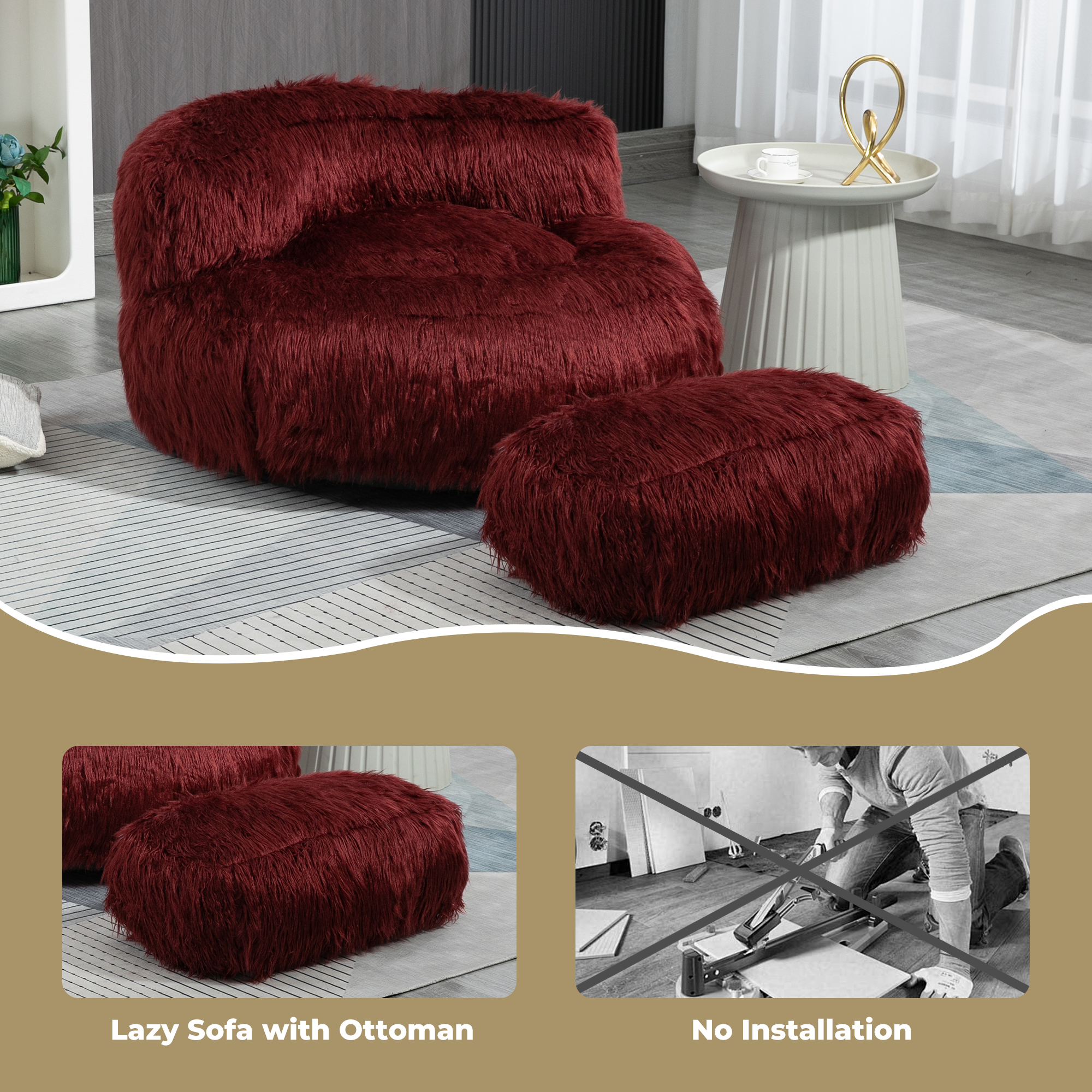 COOLMORE Bean Bag Chair, Floor Sofa with Handle,Accent Sofa Chair with Ottoman for Gaming Reading Relaxing (Wine Red)