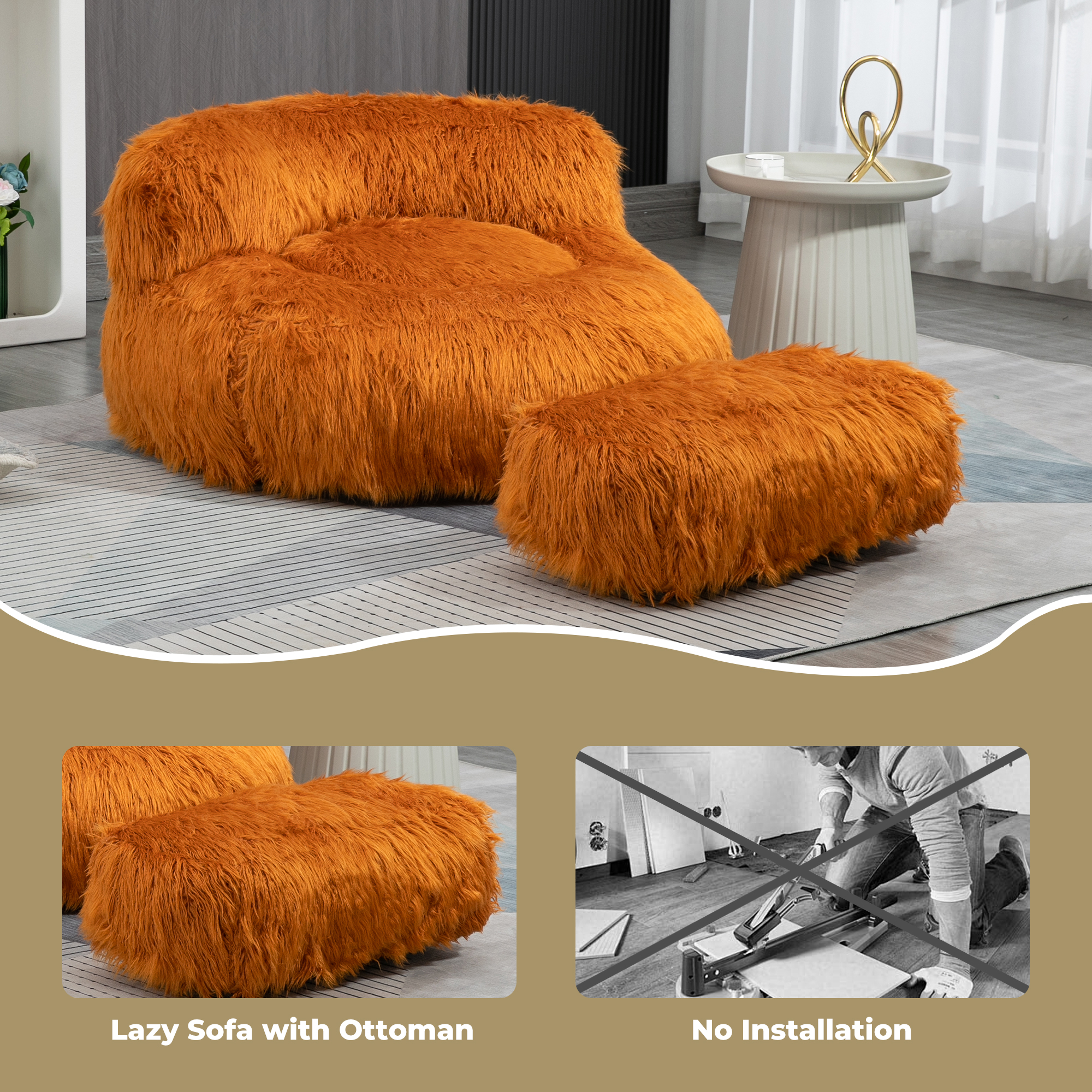 COOLMORE Bean Bag Chair, Floor Sofa with Handle,Accent Sofa Chair with Ottoman for Gaming Reading Relaxing (Orange)