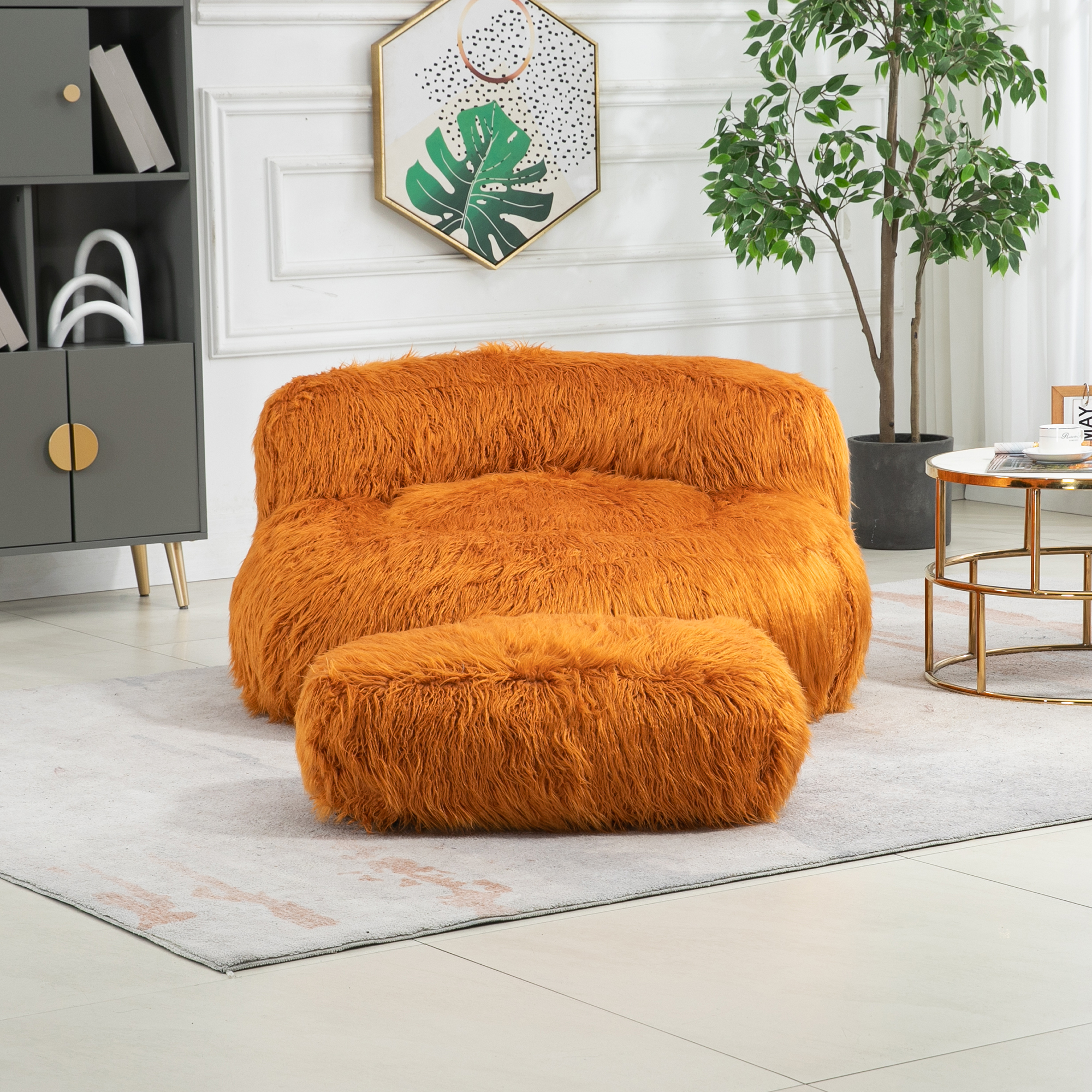 COOLMORE Bean Bag Chair, Floor Sofa with Handle,Accent Sofa Chair with Ottoman for Gaming Reading Relaxing (Orange)