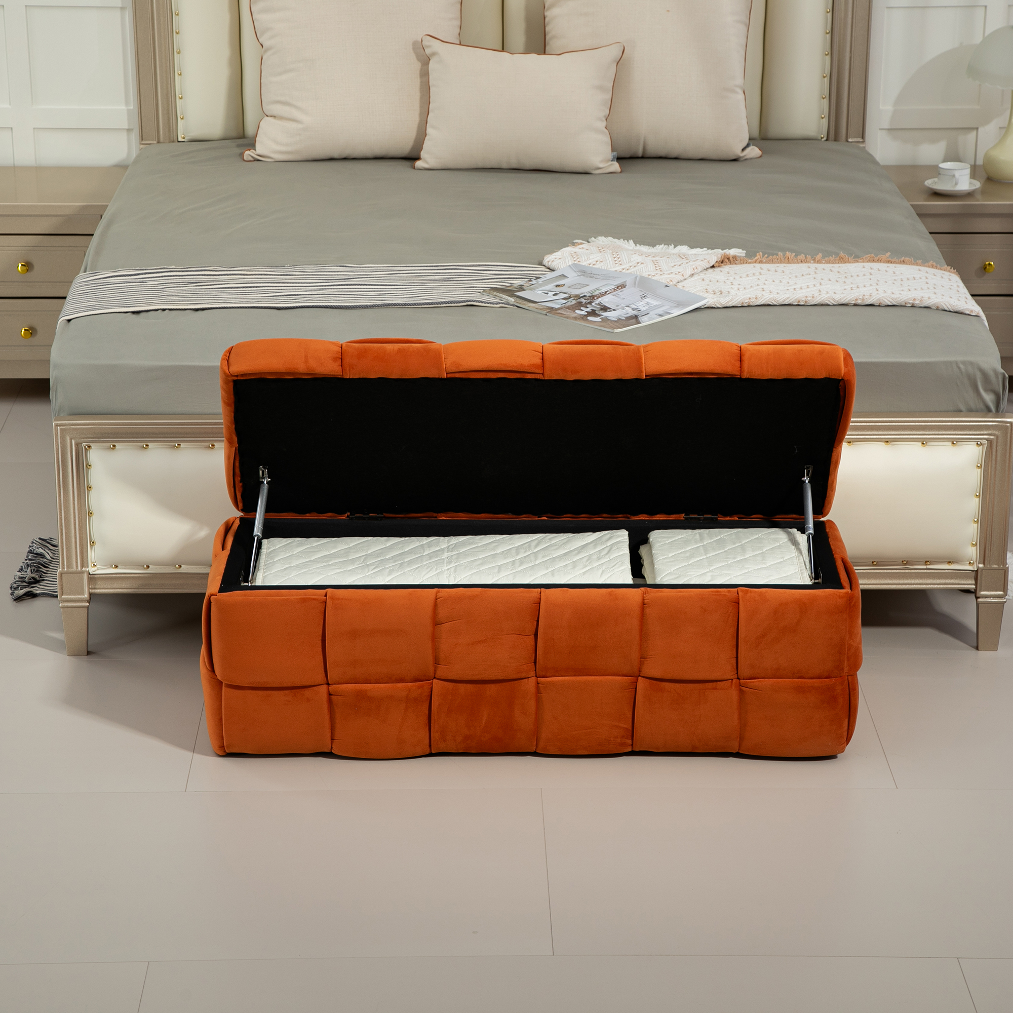 COOLMORE Storage Ottoman,Bedroom End Bench,Upholstered Fabric Storage Ottoman with Safety Hinge, Entryway Padded Footstool, Ottoman Bench for Living Room & Bedroom(Orange)