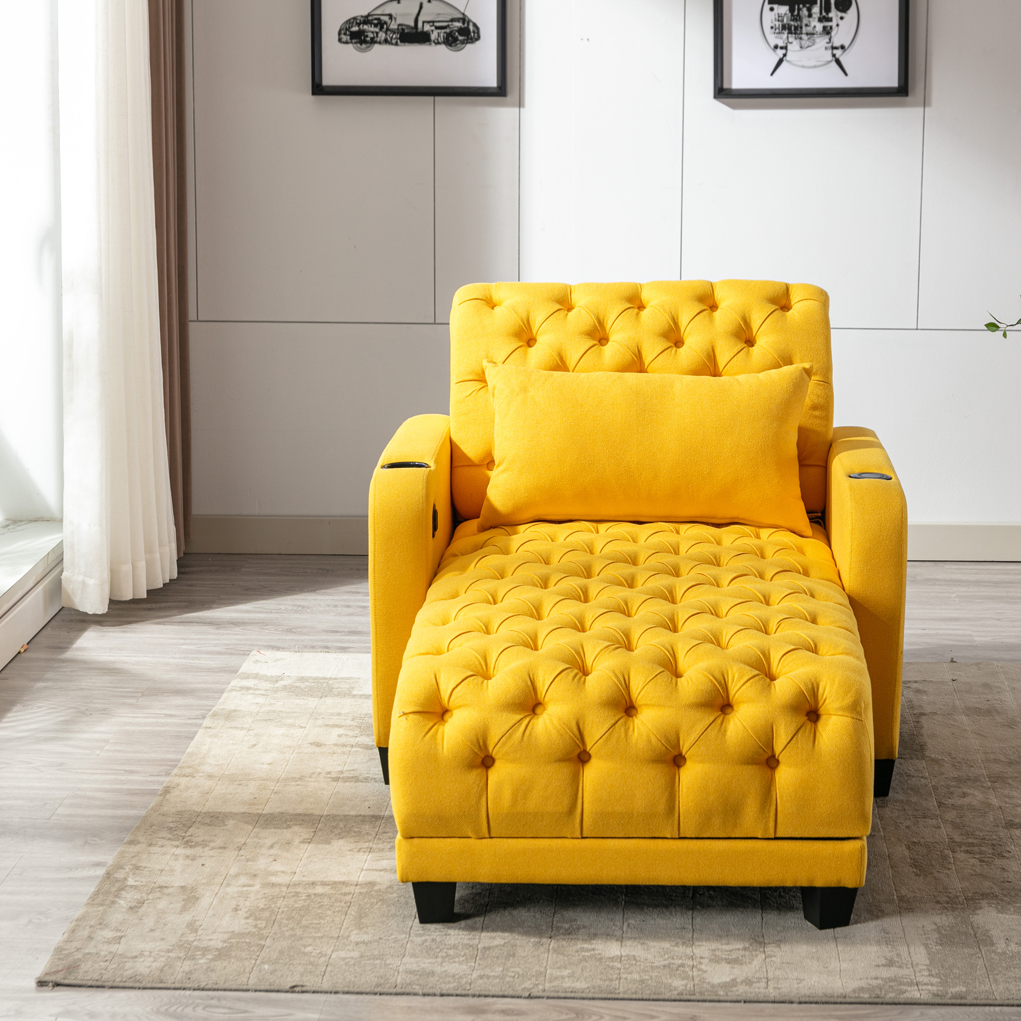 COOLMORE Multifunctional Living Room Leisure Chaise Lounge Barry Tufted Comfy Armchair Wireless Charging, Smooth Reclining Backrest & Lumbar Pillow for Home Apartment (Yellow linen)