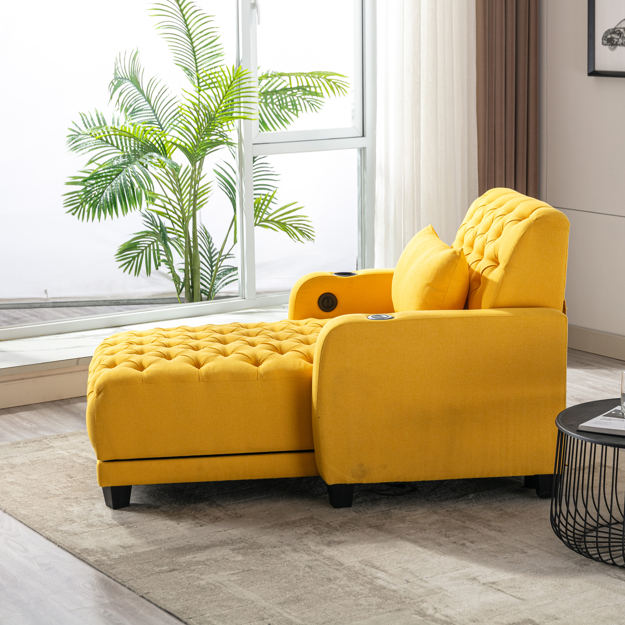 COOLMORE Multifunctional Living Room Leisure Chaise Lounge Barry Tufted Comfy Armchair Wireless Charging, Smooth Reclining Backrest & Lumbar Pillow for Home Apartment (Yellow linen)