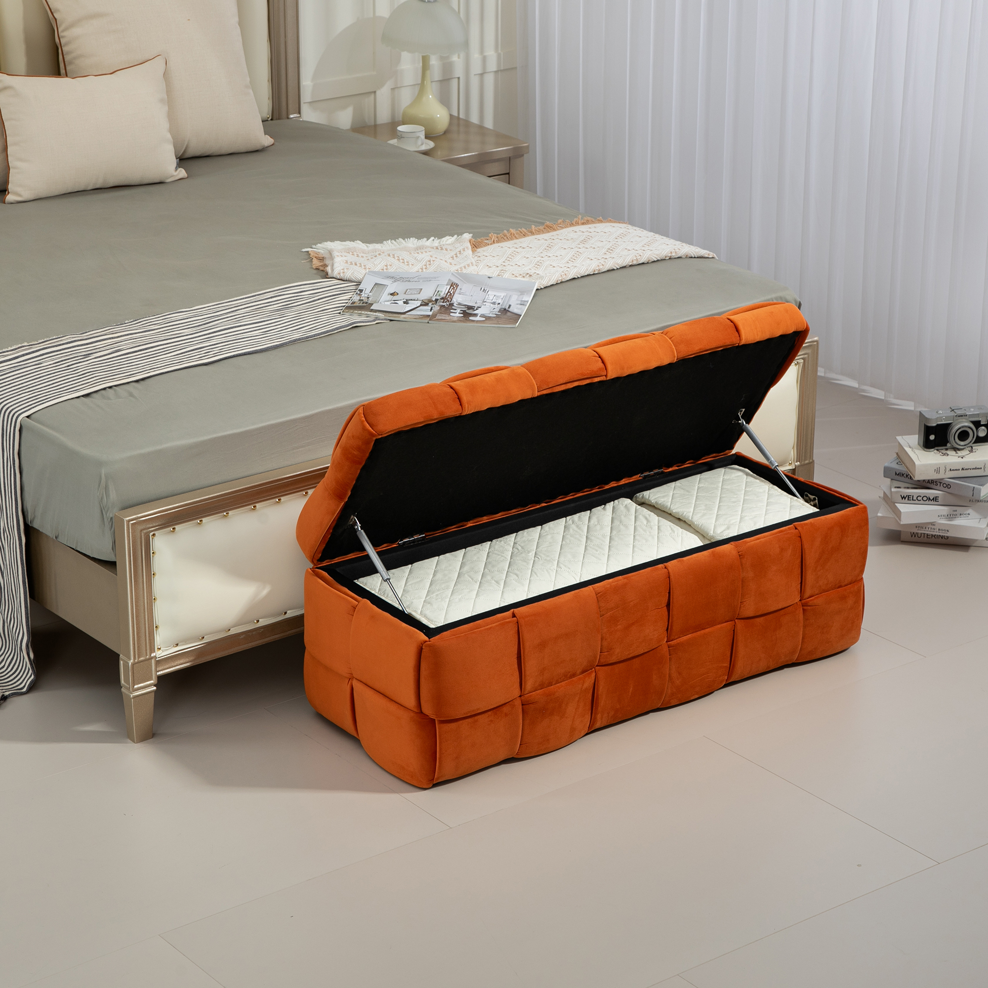 COOLMORE Storage Ottoman,Bedroom End Bench,Upholstered Fabric Storage Ottoman with Safety Hinge, Entryway Padded Footstool, Ottoman Bench for Living Room & Bedroom(Orange)