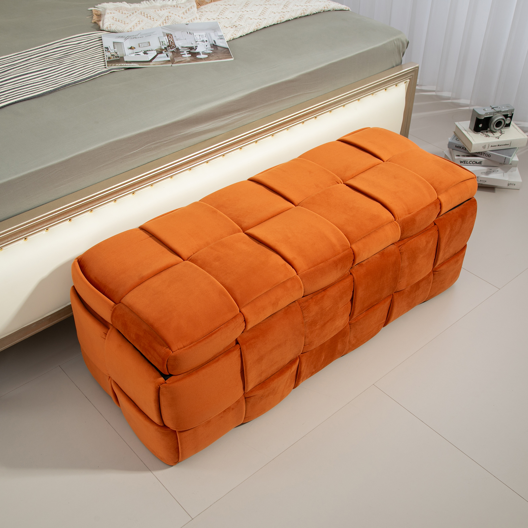 COOLMORE Storage Ottoman,Bedroom End Bench,Upholstered Fabric Storage Ottoman with Safety Hinge, Entryway Padded Footstool, Ottoman Bench for Living Room & Bedroom(Orange)