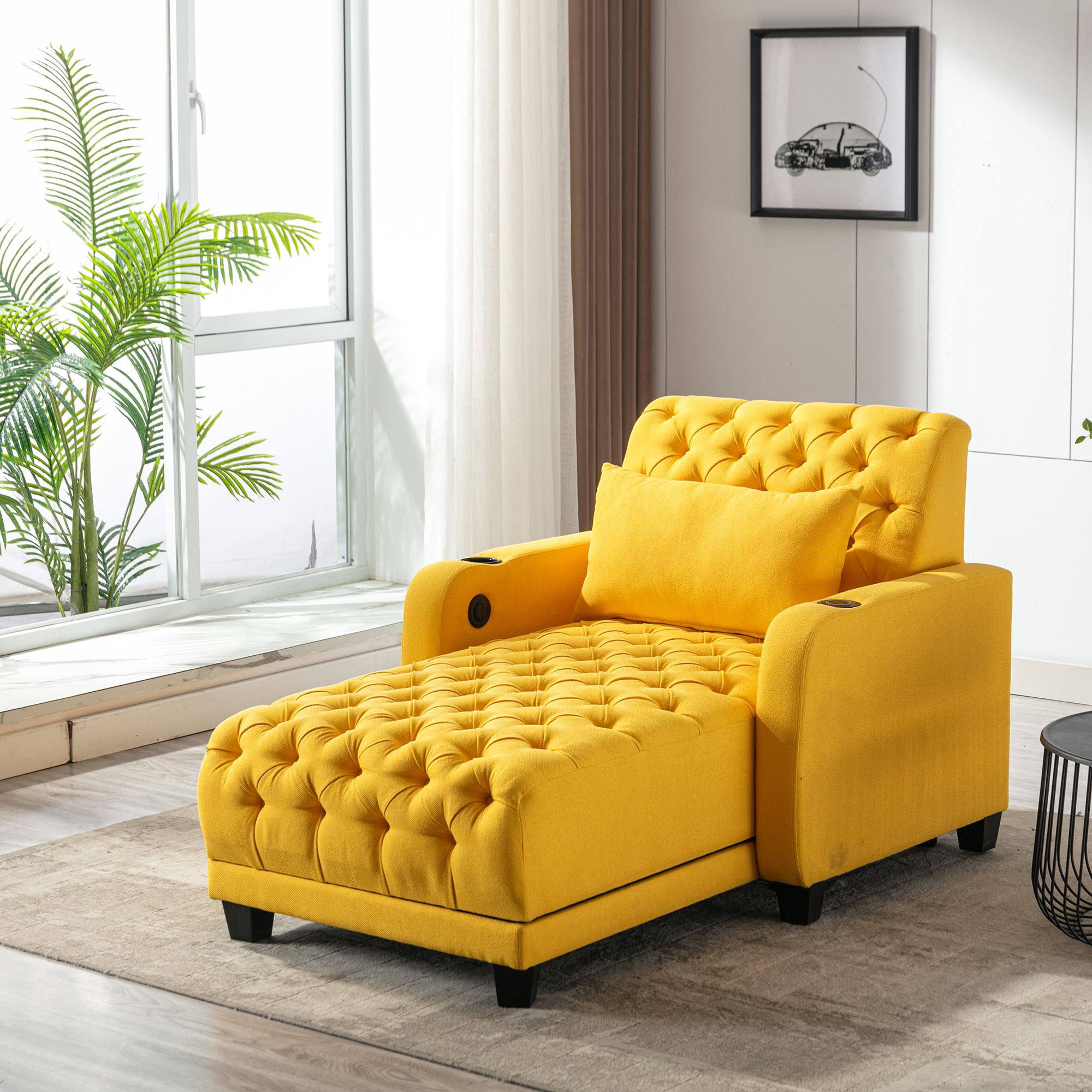 COOLMORE Multifunctional Living Room Leisure Chaise Lounge Barry Tufted Comfy Armchair Wireless Charging, Smooth Reclining Backrest & Lumbar Pillow for Home Apartment (Yellow linen)