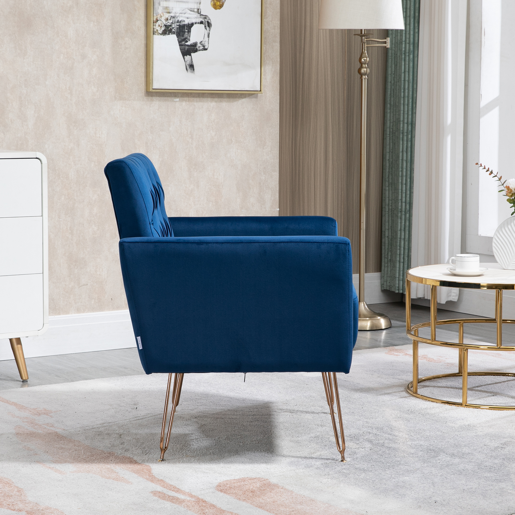 COOLMORE Velvet Armchair Single Sofa Modern Tufted Upholstered Side Reading Chairs with Arm and Gold Metal Leg for Living Room Bedroom (Navy )