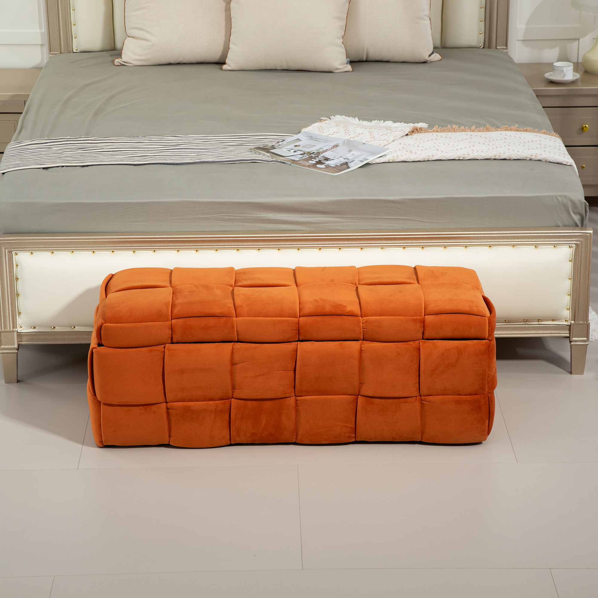 COOLMORE Coffre de rangement, Banc de fin de lit, Coffre de rangement en tissu rembourré avec charnière de sécurité, Pouf rembourré pour l'entrée, Banc ottoman pour le salon & la chambre (Orange)