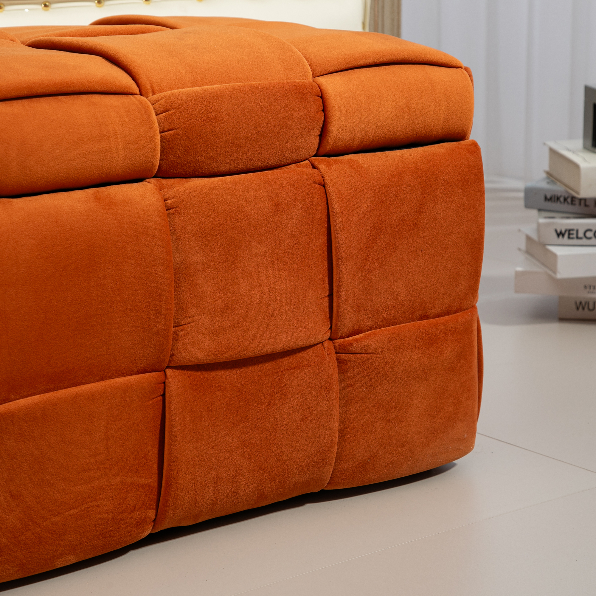 COOLMORE Storage Ottoman,Bedroom End Bench,Upholstered Fabric Storage Ottoman with Safety Hinge, Entryway Padded Footstool, Ottoman Bench for Living Room & Bedroom(Orange)