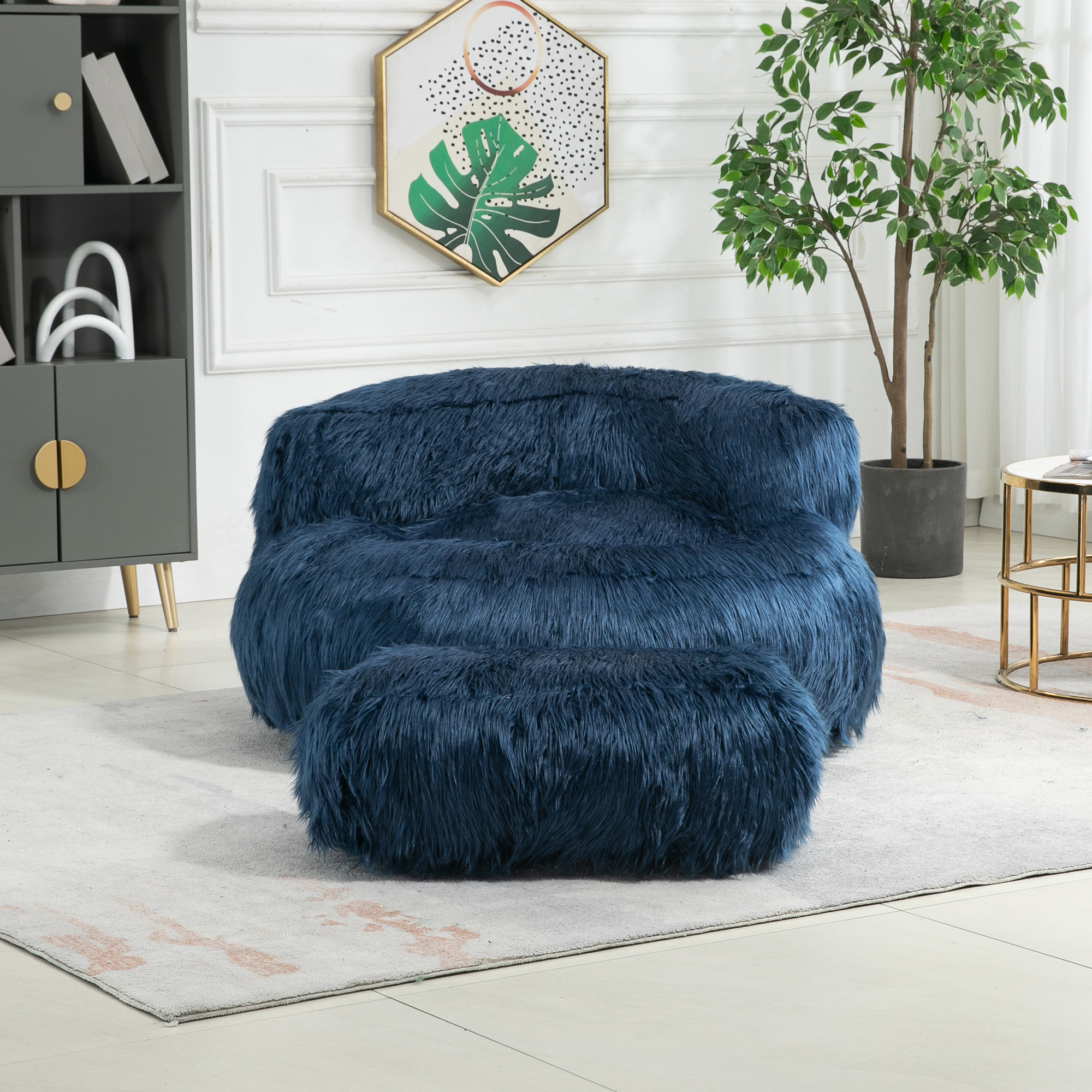 COOLMORE Bean Bag Chair, Floor Sofa with Handle,Accent Sofa Chair with Ottoman for Gaming Reading Relaxing (Navy)