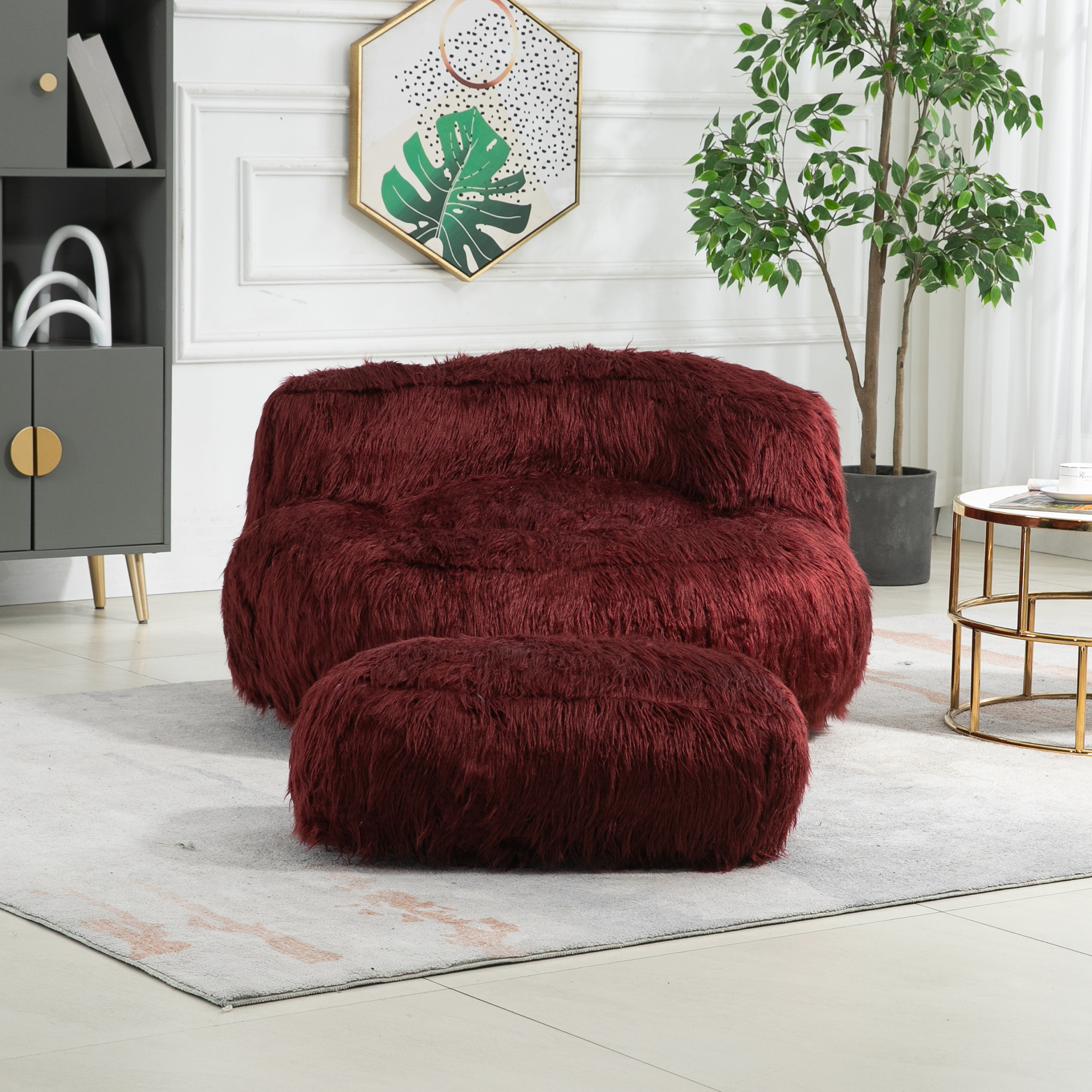 COOLMORE Bean Bag Chair, Floor Sofa with Handle,Accent Sofa Chair with Ottoman for Gaming Reading Relaxing (Wine Red)