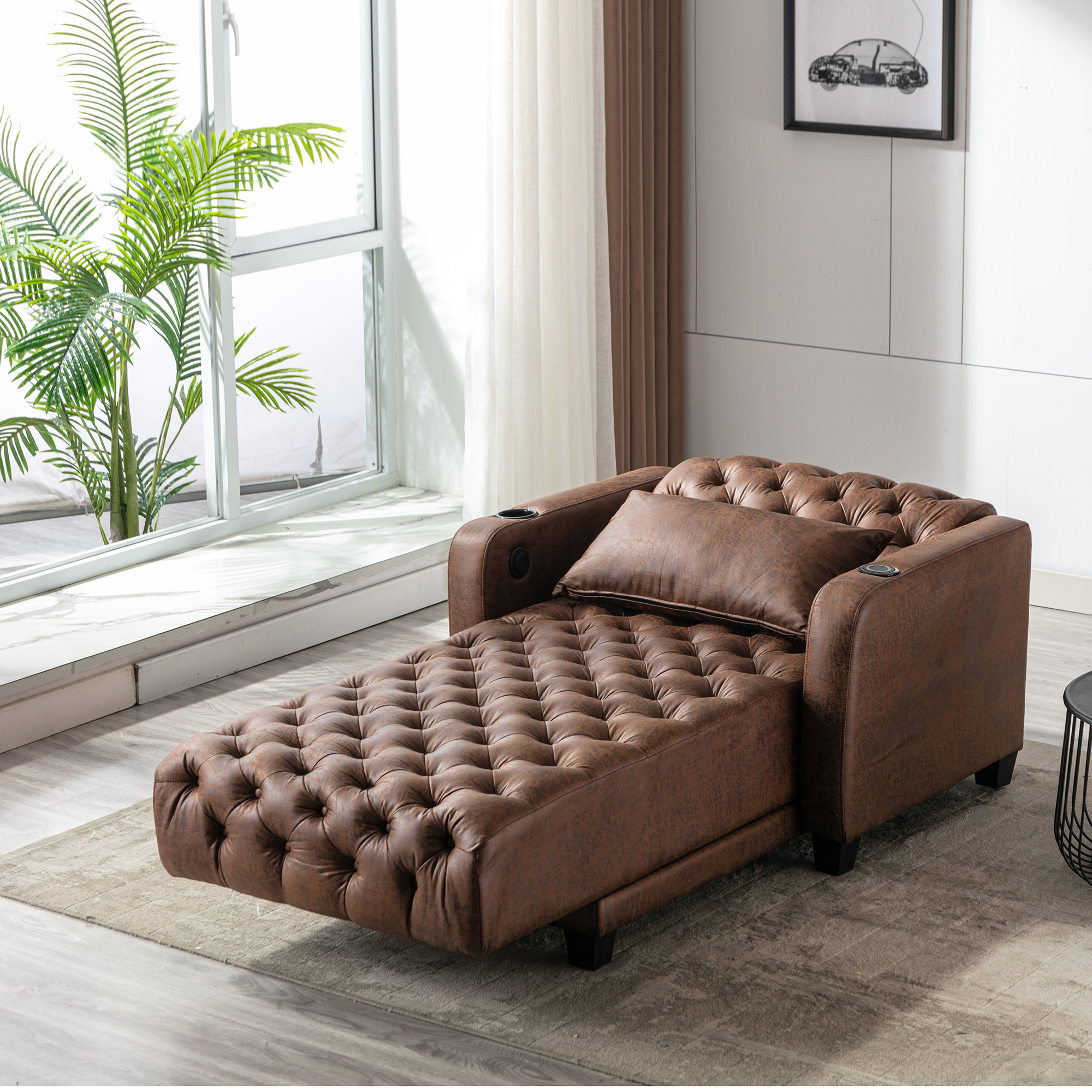 COOLMORE Multifunctional Living Room Leisure Chaise Lounge Barry Tufted Comfy Armchair Wireless Charging, Smooth Reclining Backrest & Lumbar Pillow for Home Apartment (Brown linen)