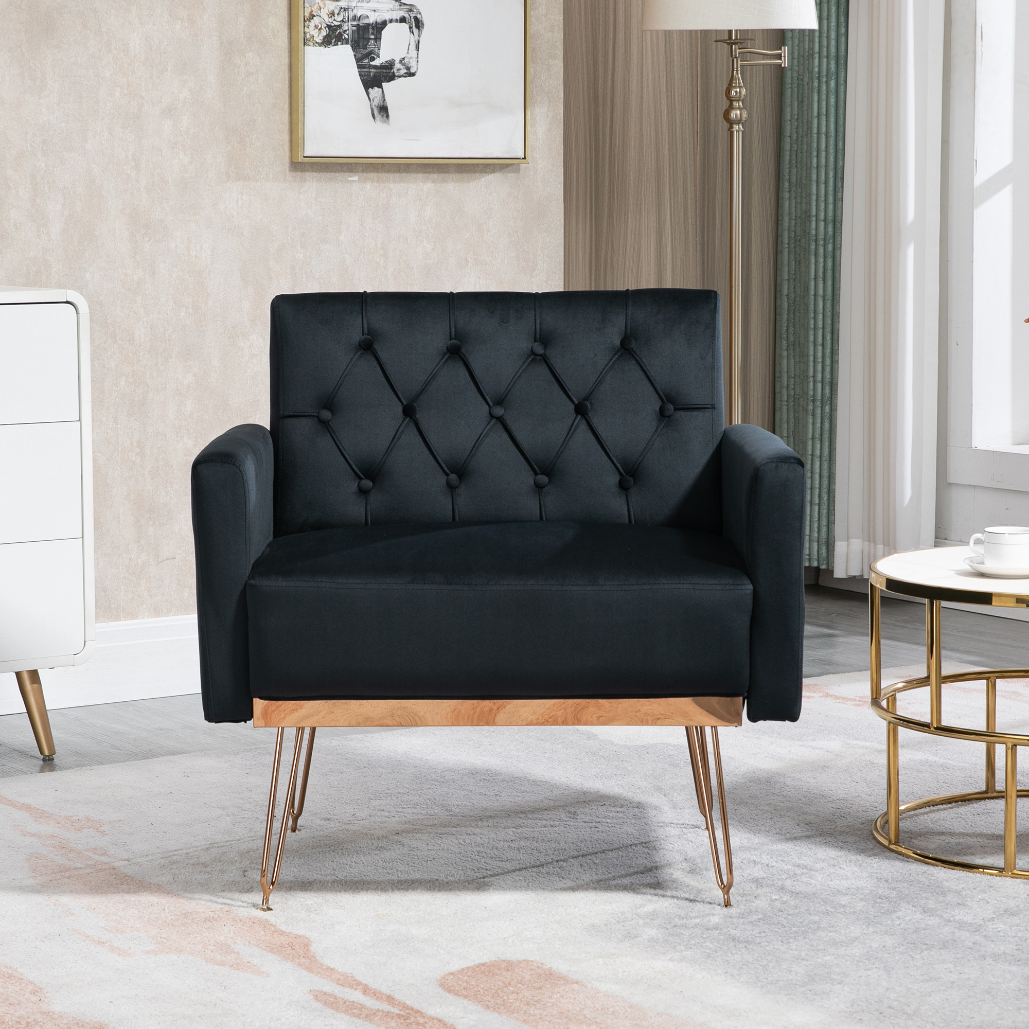 COOLMORE Velvet Armchair Single Sofa Modern Tufted Upholstered Side Reading Chairs with Arm and Gold Metal Leg for Living Room Bedroom ( Black )