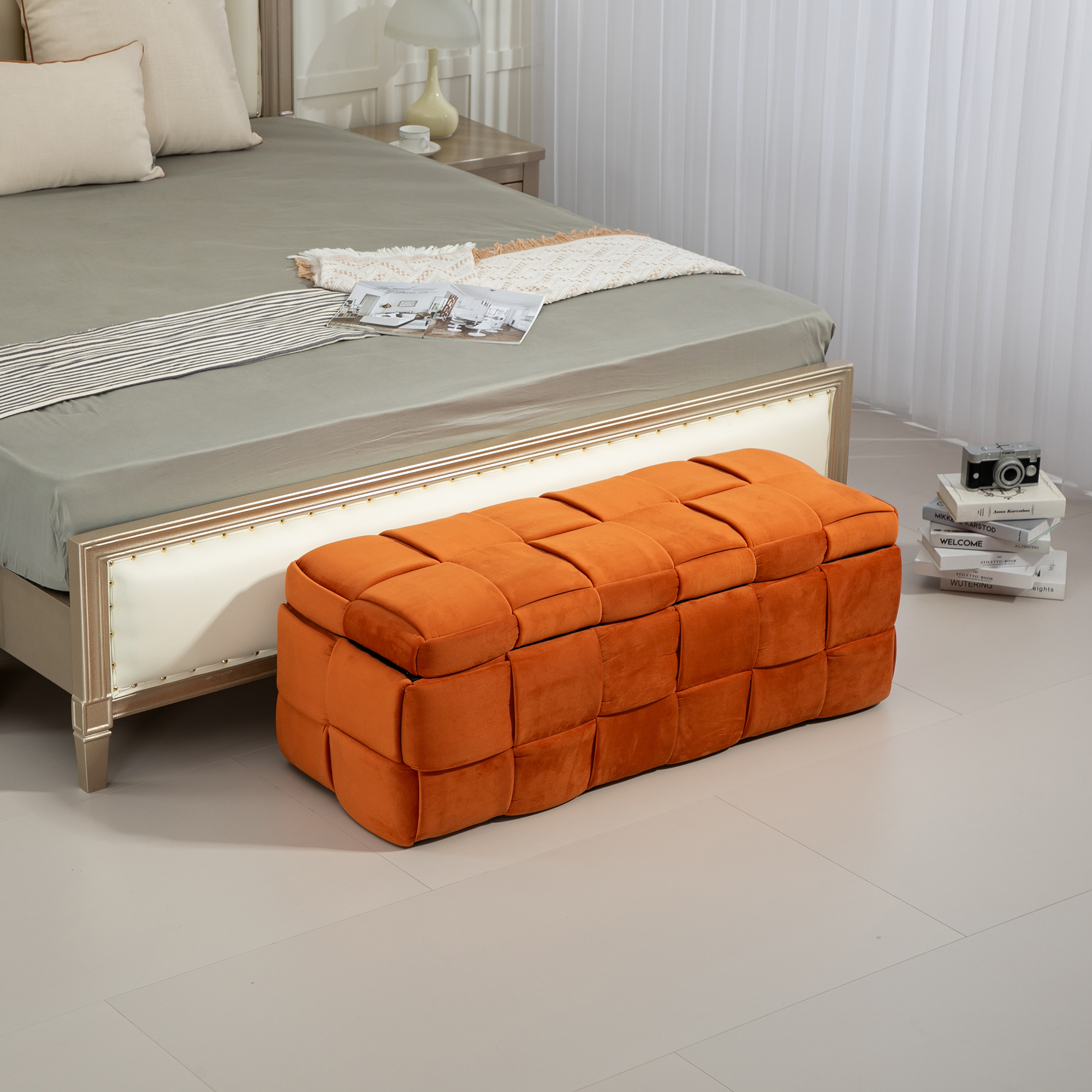 COOLMORE Storage Ottoman,Bedroom End Bench,Upholstered Fabric Storage Ottoman with Safety Hinge, Entryway Padded Footstool, Ottoman Bench for Living Room & Bedroom(Orange)