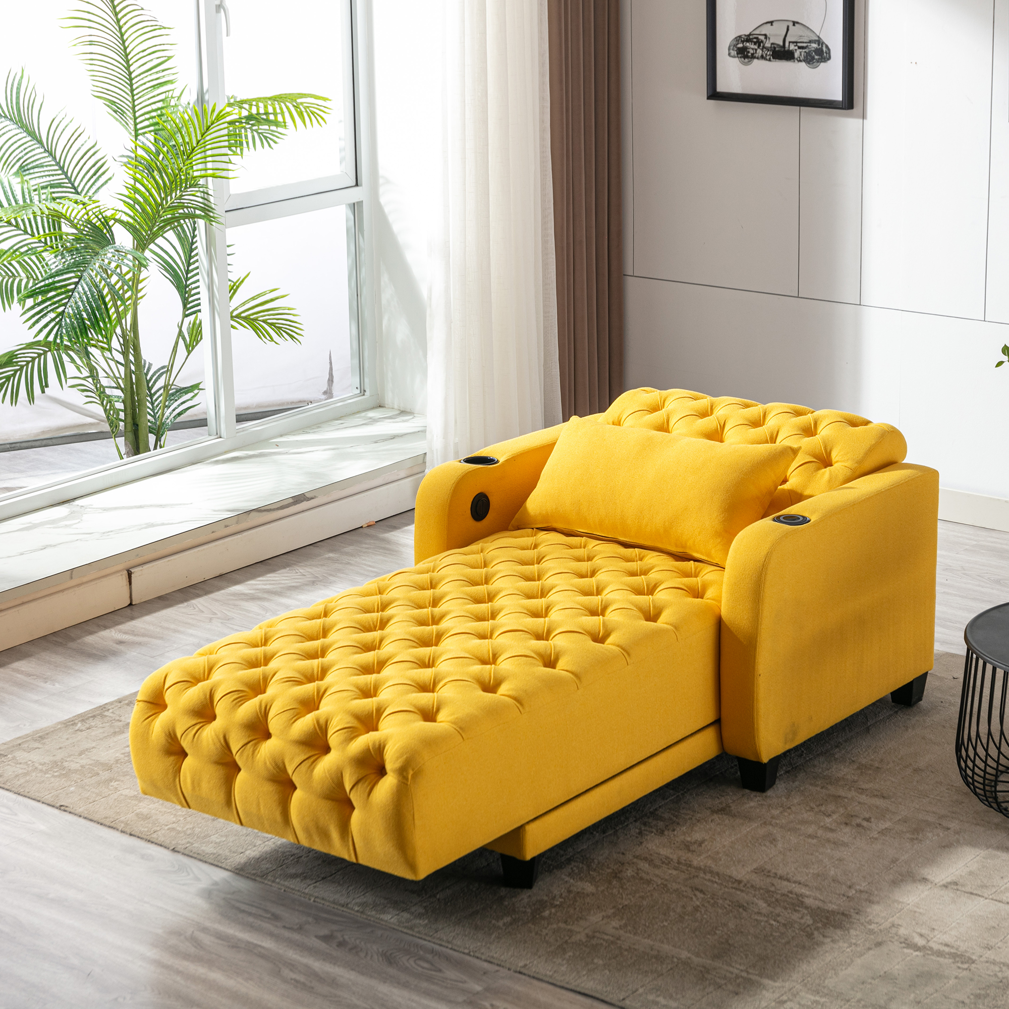 COOLMORE Multifunctional Living Room Leisure Chaise Lounge Barry Tufted Comfy Armchair Wireless Charging, Smooth Reclining Backrest & Lumbar Pillow for Home Apartment (Yellow linen)