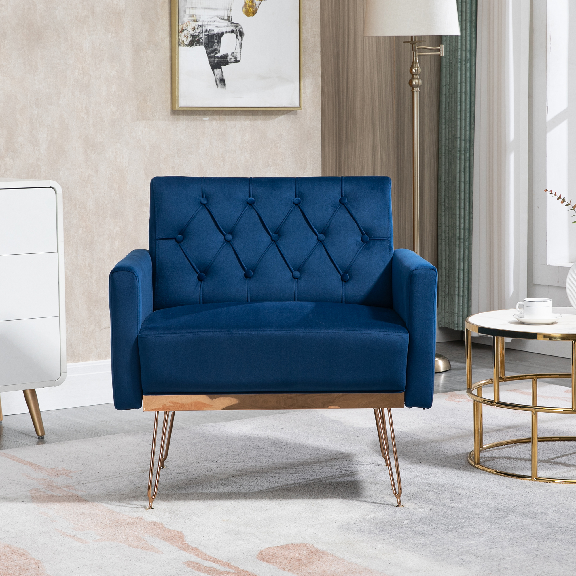 COOLMORE Velvet Armchair Single Sofa Modern Tufted Upholstered Side Reading Chairs with Arm and Gold Metal Leg for Living Room Bedroom (Navy )