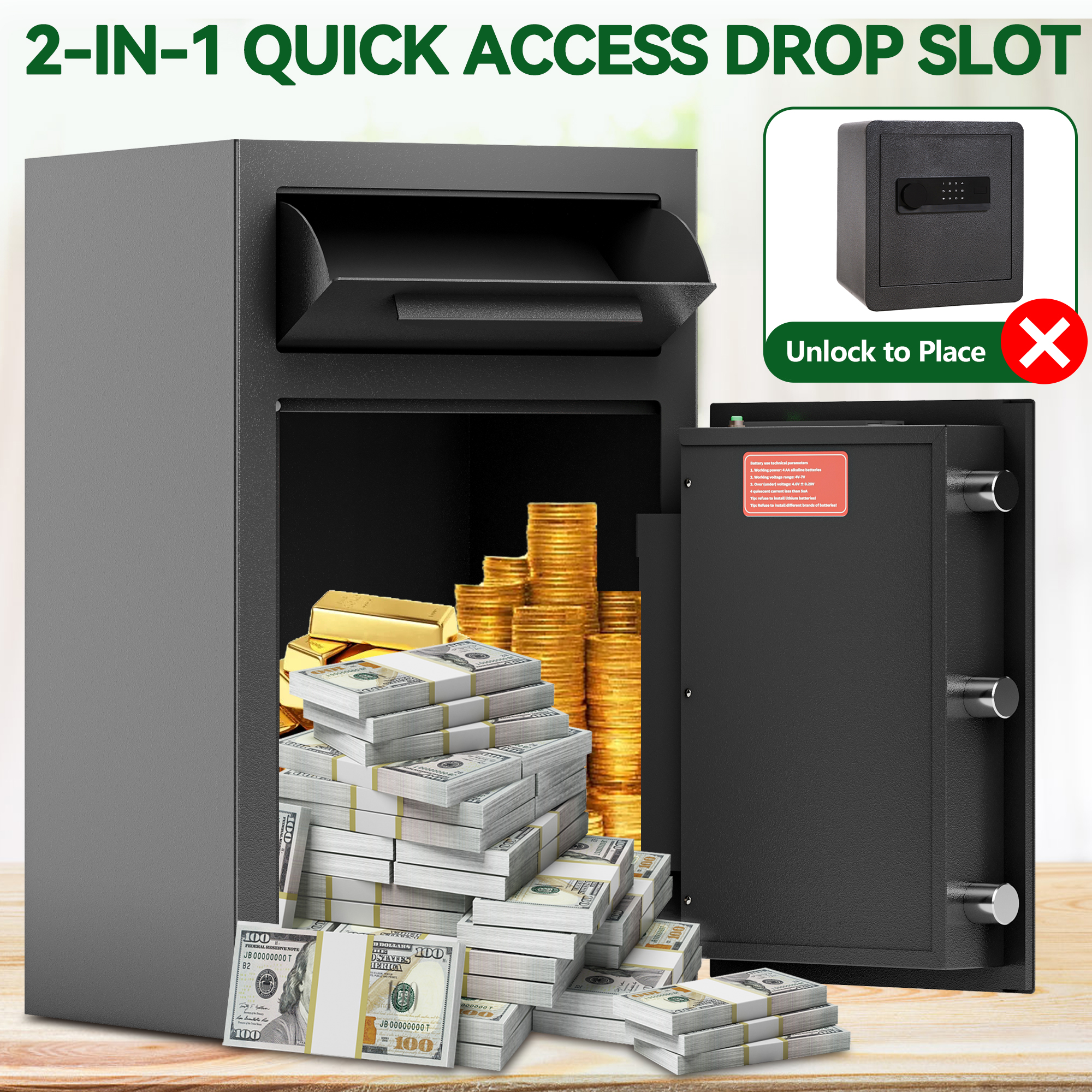 Depository Drop Safe, Front Drop Slot Lock Box with Digital Combination and Anti-Fishing, Silent Deposit Safe Box, Security Money Safe for Cash Slips Expense Business Office Home