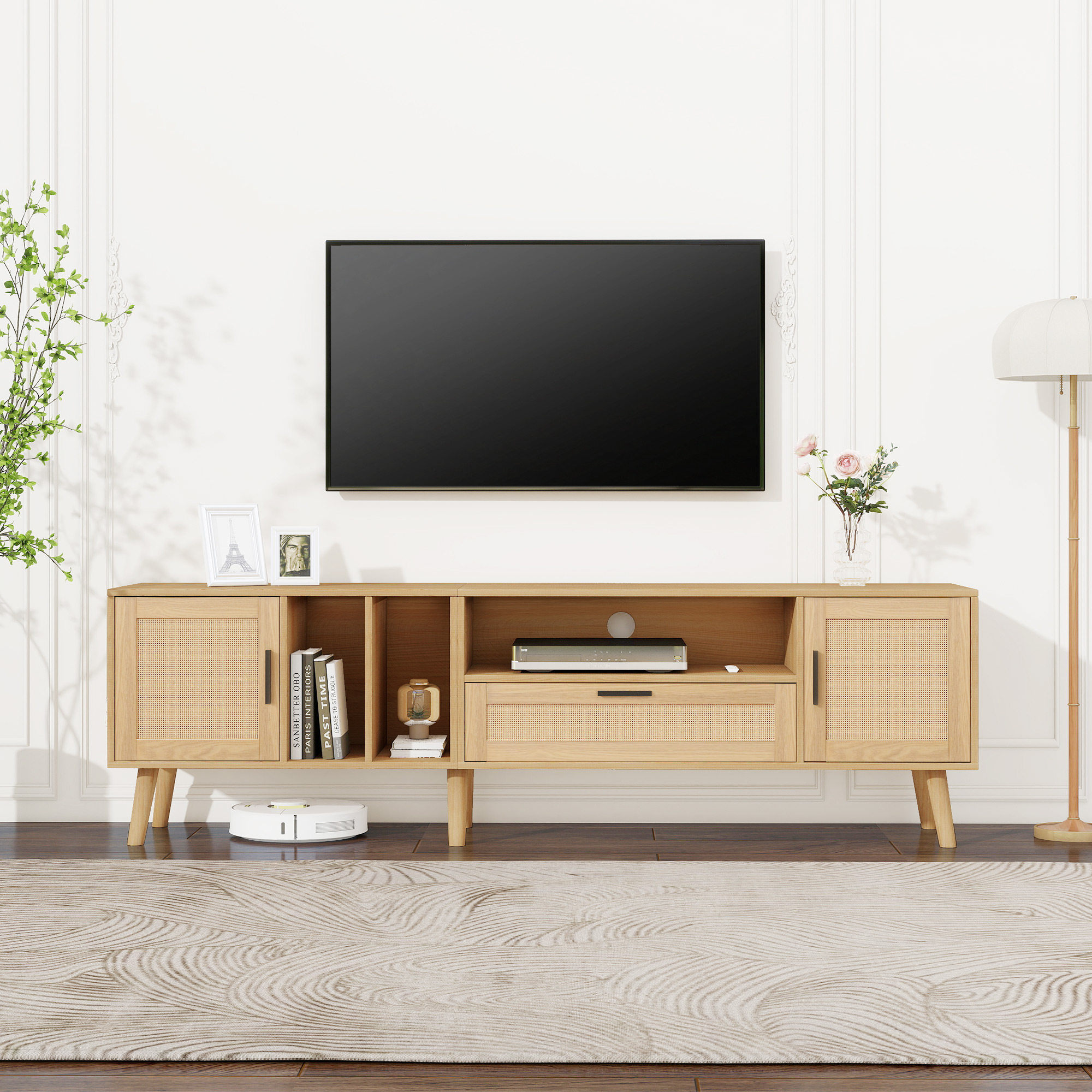 Rattan TV Stand with 2 Cabinets & 2 Open Shelves, Rattan-inspired Media Console Table for TVs up to 80'', Entertainment Center with Solid Wood Legs, TV cabinet for Living room, Bedroom, Home Theatre