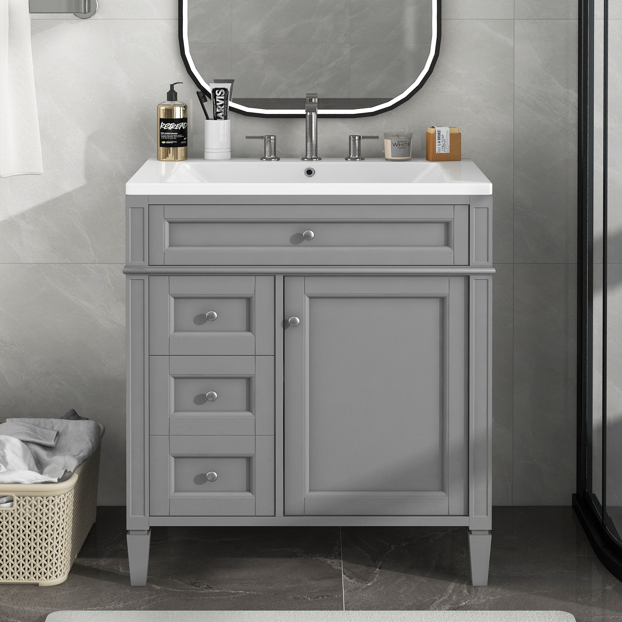 30'' Bathroom Vanity with Top Sink, Modern Bathroom Storage Cabinet with 2 Drawers and a Tip-out Drawer, Single Sink Bathroom Vanity