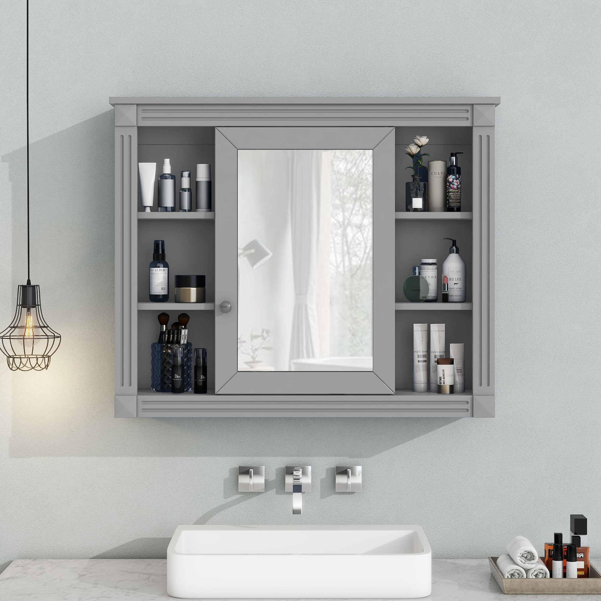 35'' x 28'' Wall Mounted Bathroom Storage Cabinet, Medicine Cabinet, Modern Bathroom Wall Cabinet with Mirror, Mirror Cabinet with 6 Open Shelves (Not Include Bathroom Vanity )