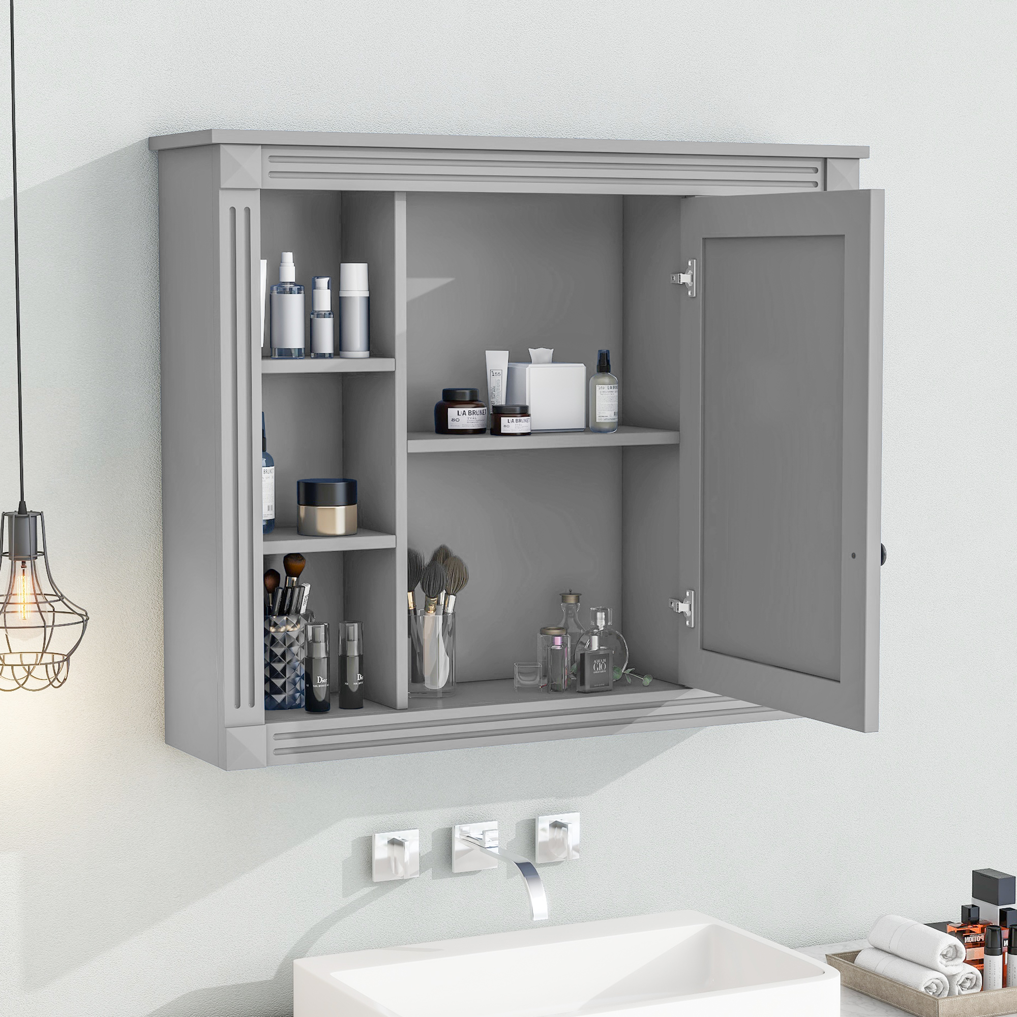 35'' x 28'' Wall Mounted Bathroom Storage Cabinet, Medicine Cabinet, Modern Bathroom Wall Cabinet with Mirror, Mirror Cabinet with 6 Open Shelves (Not Include Bathroom Vanity )