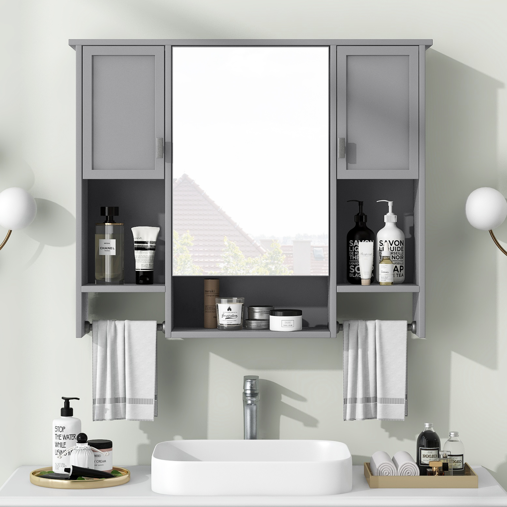 35'' x 28'' Modern Wall Mounted Bathroom Storage Cabinet, Bathroom Wall Cabinet with Mirror, Medicine Cabinet with Towels Bar