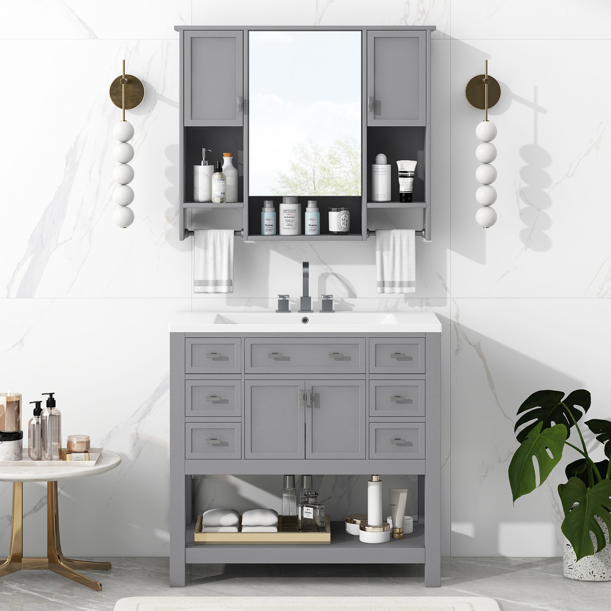 36'' Bathroom Vanity with Top Sink, Modern Mirror Cabinet with Towels Bar, Bathroom Storage Cabinet with 2 Soft Closing Doors and 6 Drawers, Single Sink Bathroom Vanity