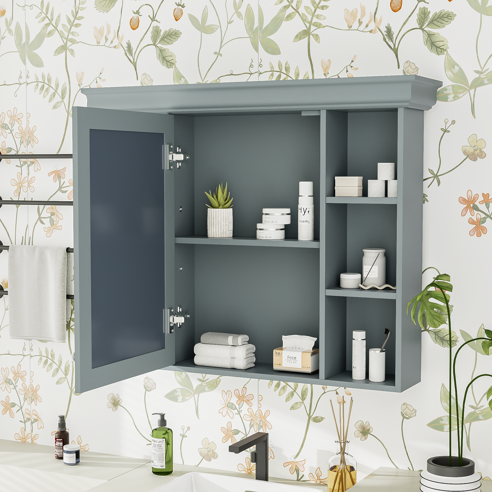 35'' x 28'' Blue Wall Mounted Bathroom Storage Cabinet with Mirror Door, Modern Bathroom Wall Cabinet with Mirror, Medicine Cabinet with 6 Open Shelves