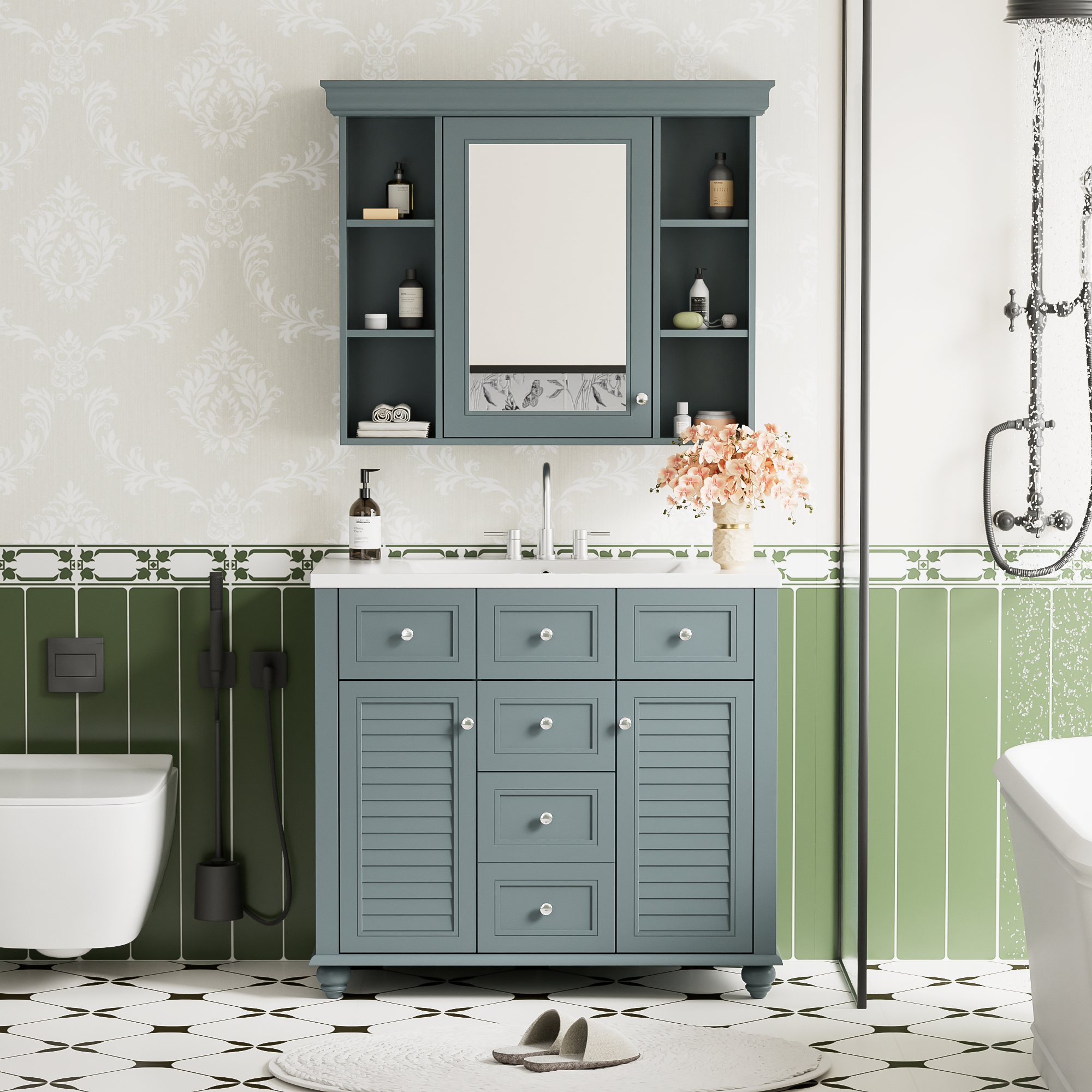 36'' Bathroom Vanity with Medicine Cabinet, Modern Mirror Cabinet with Adjustable Shelf, Bathroom Storage Cabinet with 2 Soft Closing Doors and 6 Drawers, Bathroom Vanity with Cabinet Door Organizers