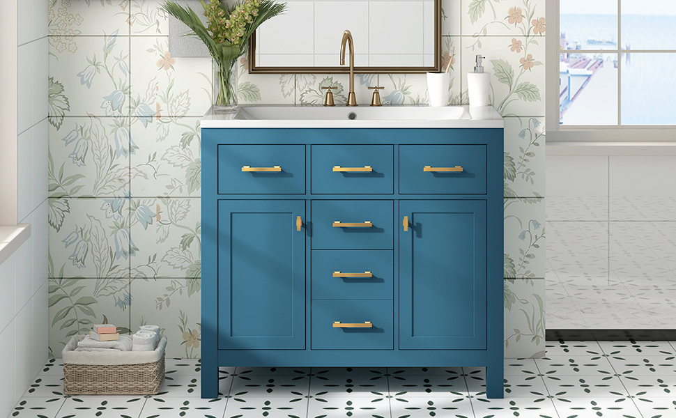 36'' Bathroon Vanity with Resin Sink Combo Set,Modern Freestanding Single Bathroom Cabinet with 4 Drawers & 2 Cabinets,Storage Cabinet for Bathroom, Solid Wood Frame Vanity Set, Blue