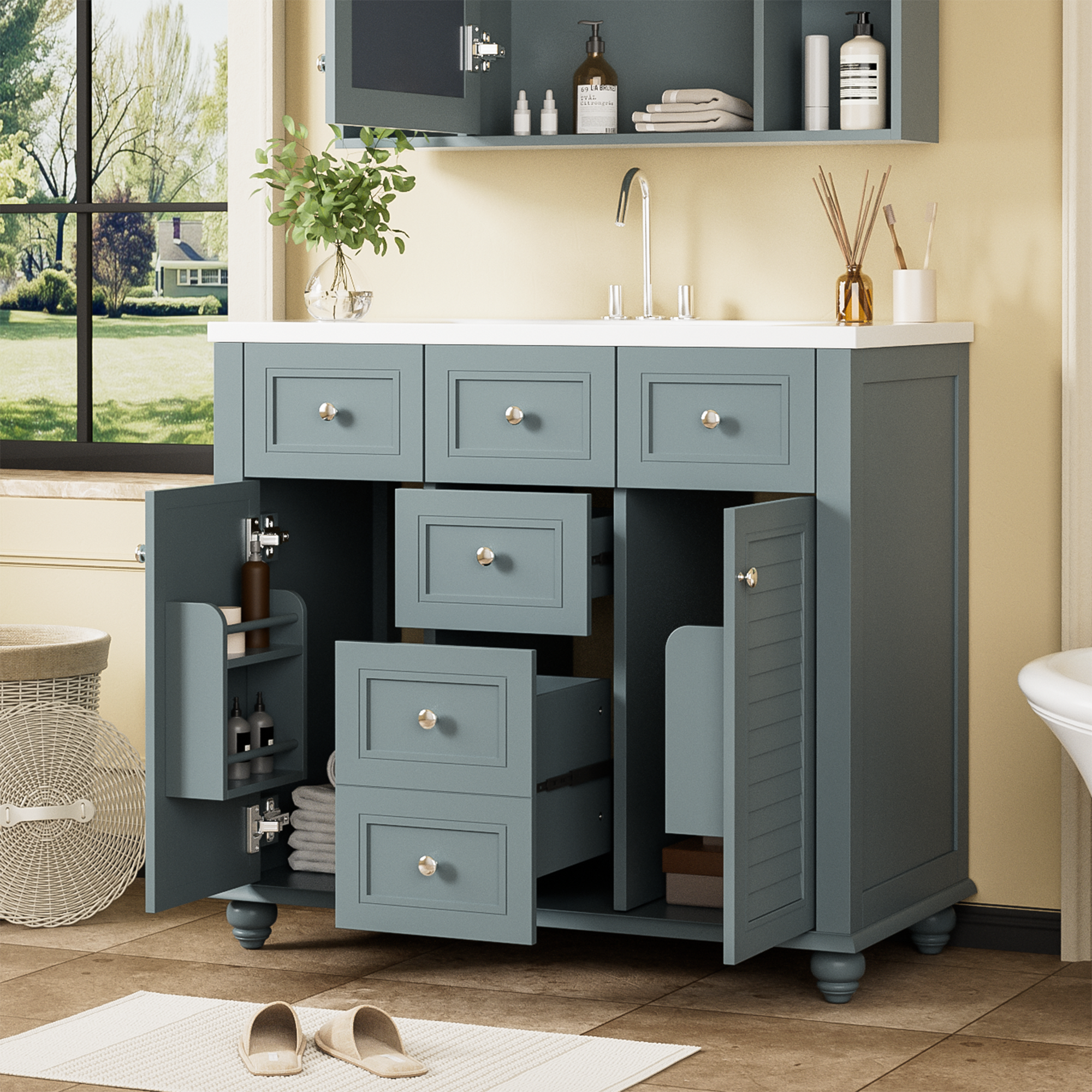 36" Bathroom Vanity Cabinet with Sink Combo Set, Undermount Resin Sink, Free Standing Vanity Set with 2 Drawers& Soft Closing Doors, Solid Wood Frame Bathroom Cabinet, Blue