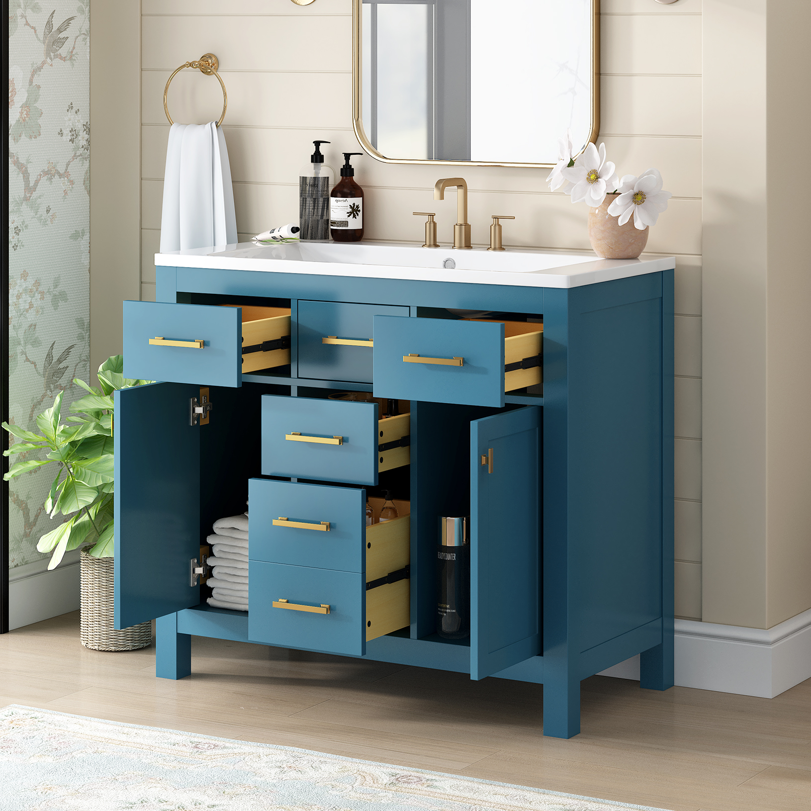 36'' Bathroon Vanity with Resin Sink Combo Set,Modern Freestanding Single Bathroom Cabinet with 4 Drawers & 2 Cabinets,Storage Cabinet for Bathroom, Solid Wood Frame Vanity Set, Blue