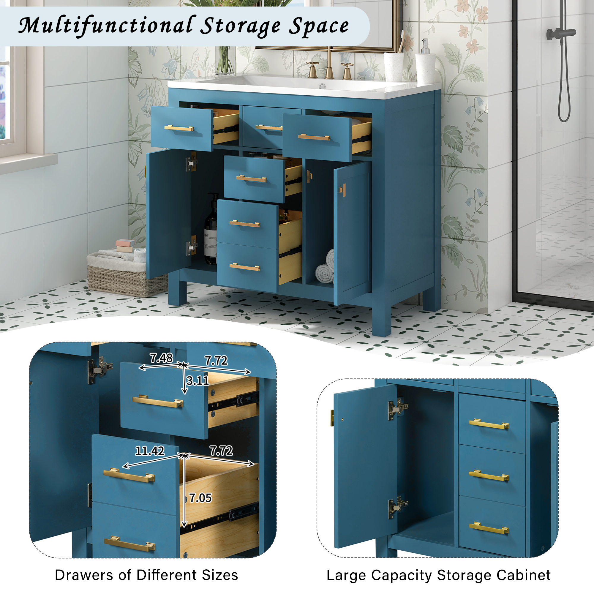 36'' Bathroon Vanity with Resin Sink Combo Set,Modern Freestanding Single Bathroom Cabinet with 4 Drawers & 2 Cabinets,Storage Cabinet for Bathroom, Solid Wood Frame Vanity Set, Blue