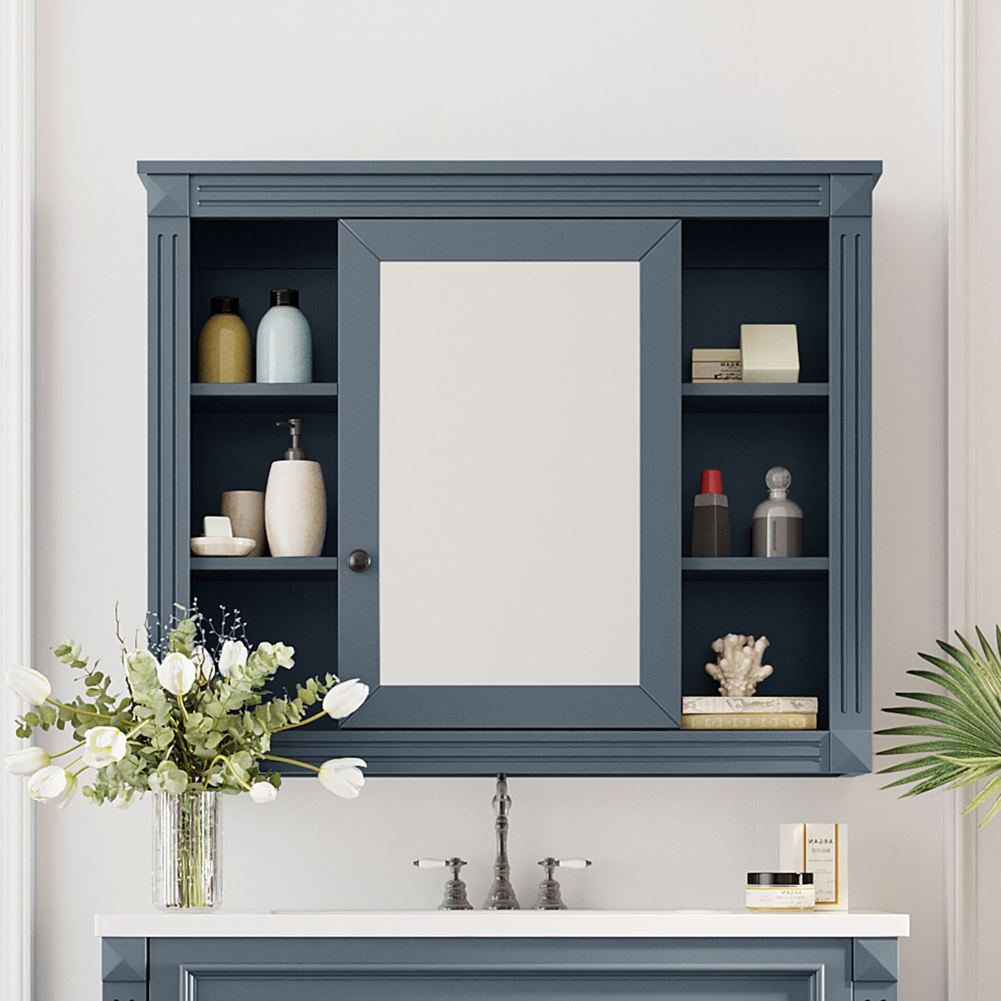 35'' x 28'' Royal Blue Wall Mounted Bathroom Storage Cabinet, Modern Bathroom Wall Cabinet with Mirror, Mirror Cabinet with 6 Open Shelves (Not Include Bathroom Vanity )